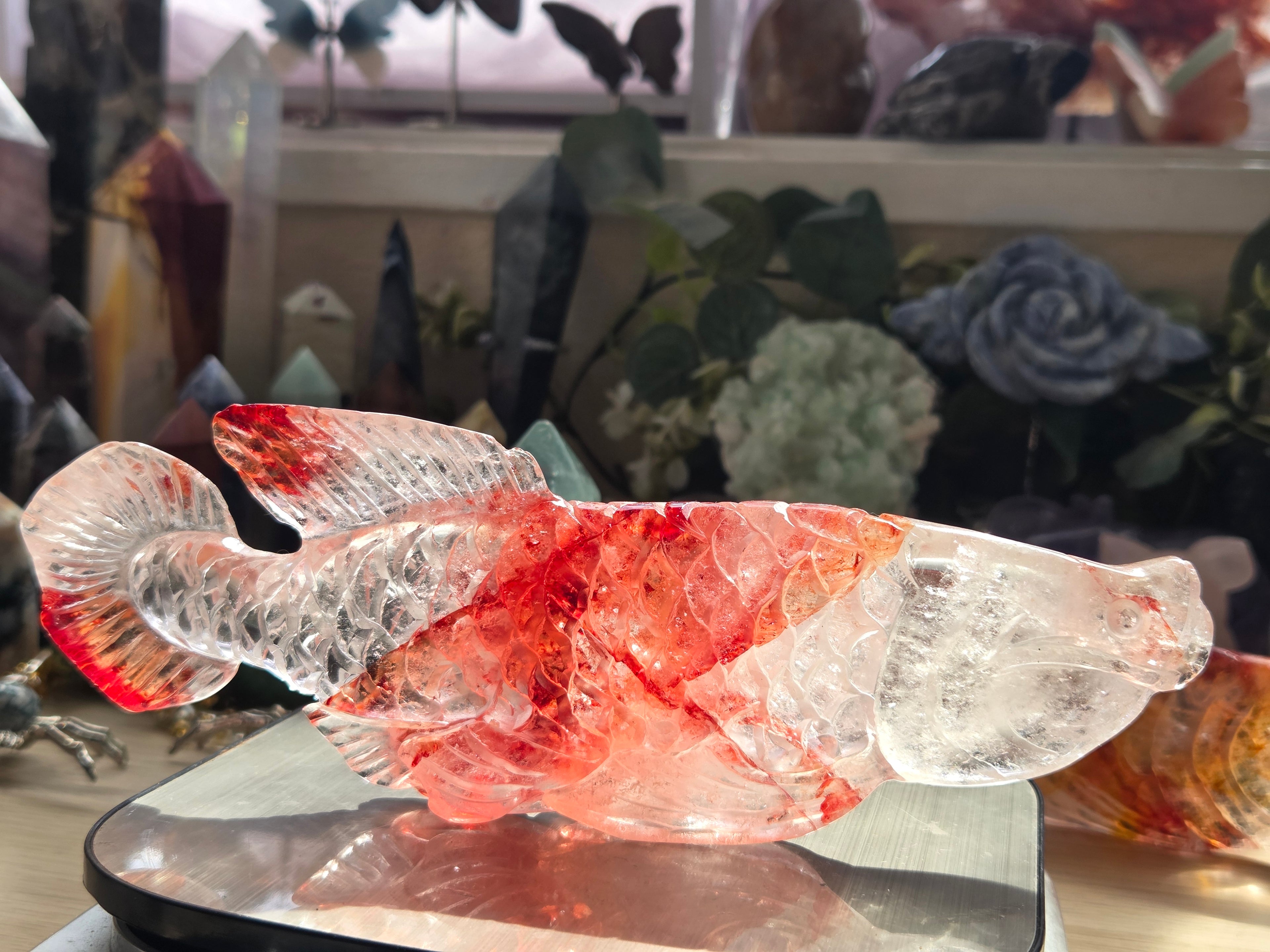 Madagascar fire quartz crystal fish carving