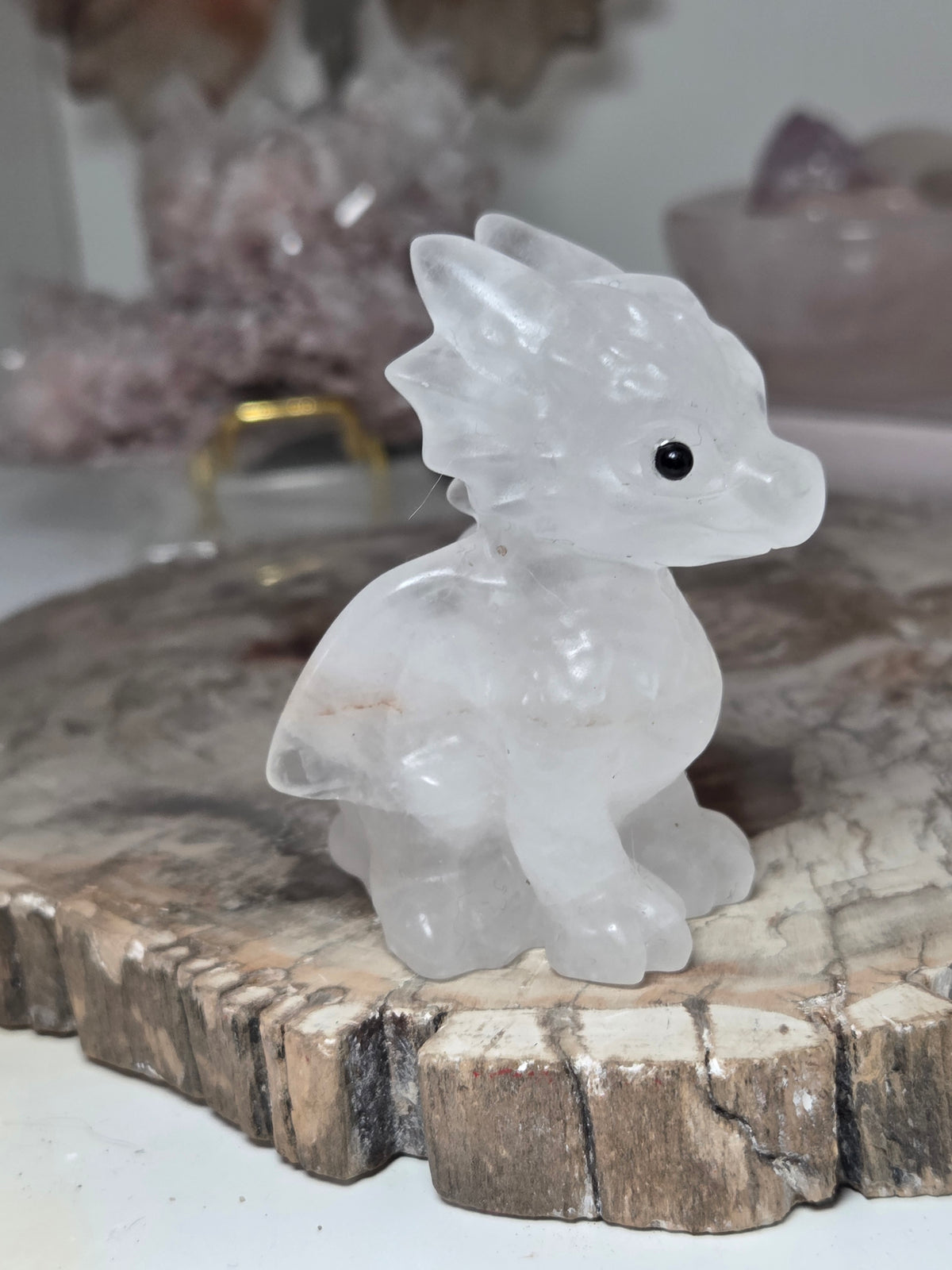 Clear quartz crystal dragon carving