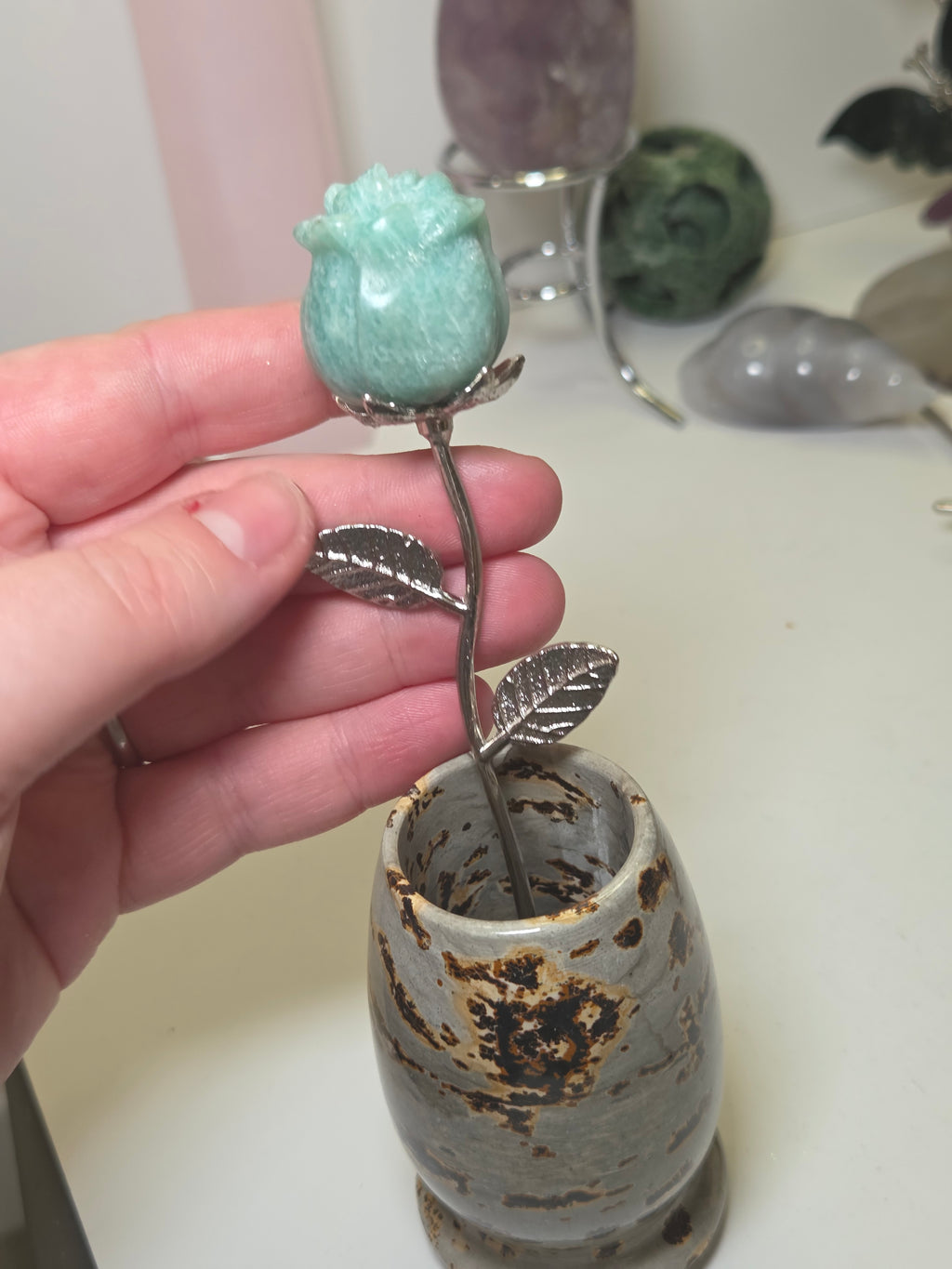 Amazonite crystal rose carving on a stem