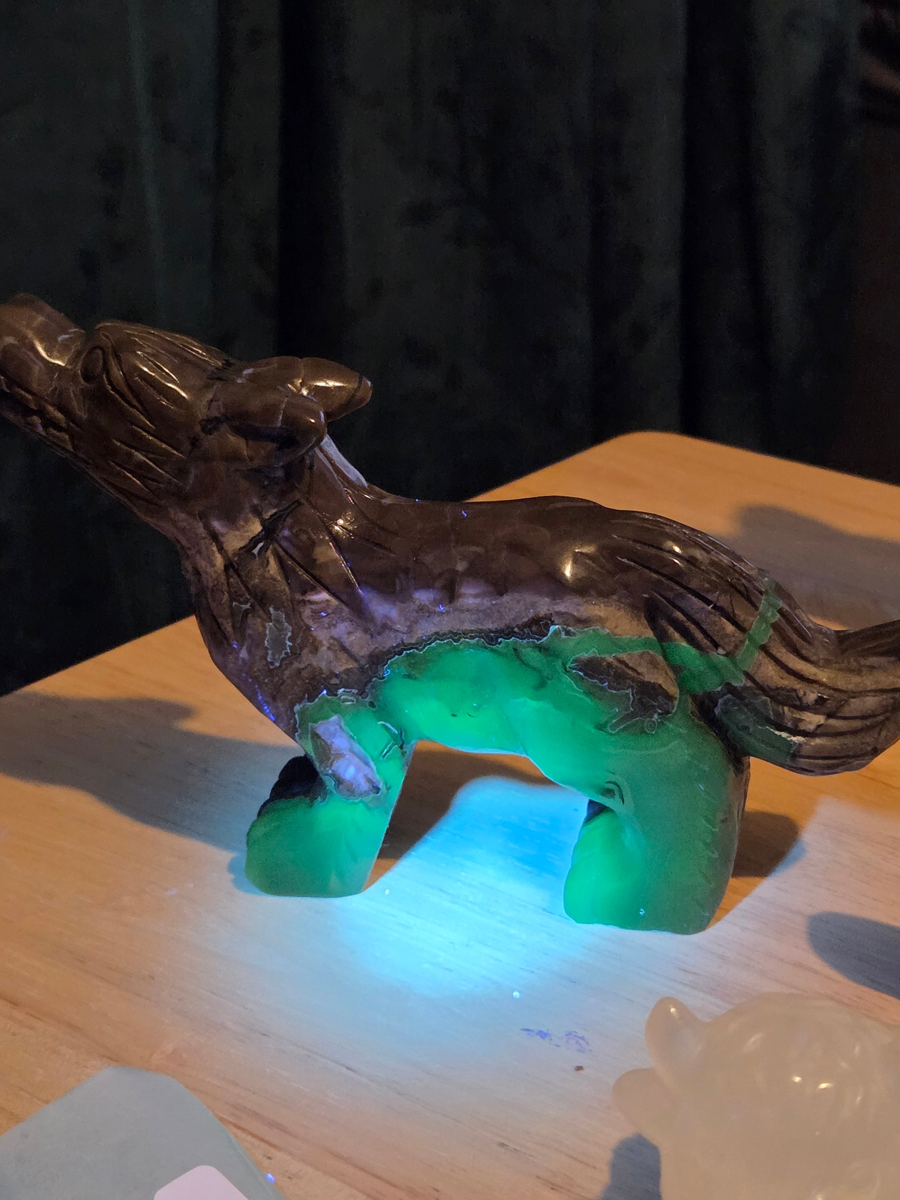 Volcano Agate crystal wolf carving Green uv