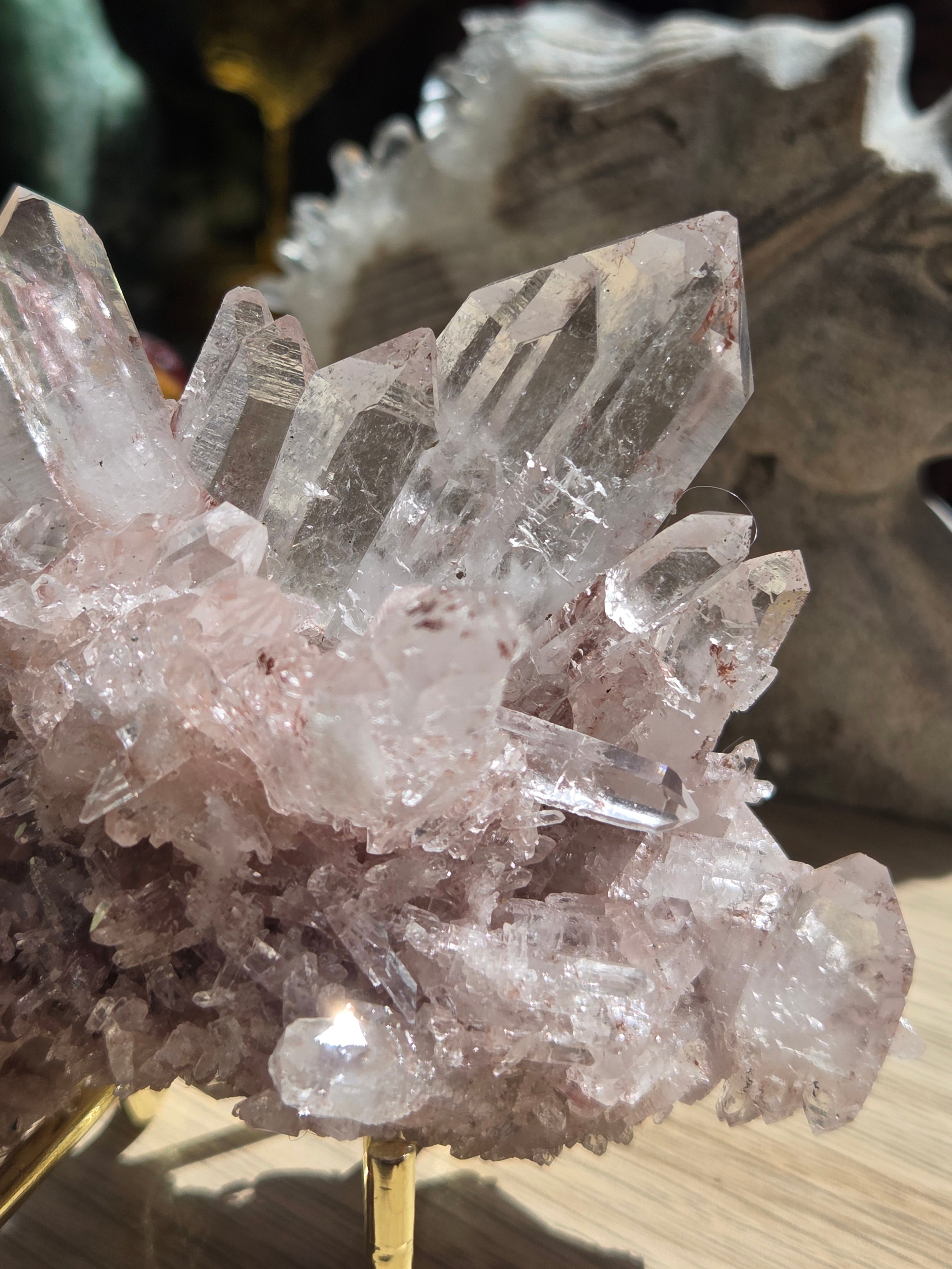 Pink lemurian quartz crystal specimen