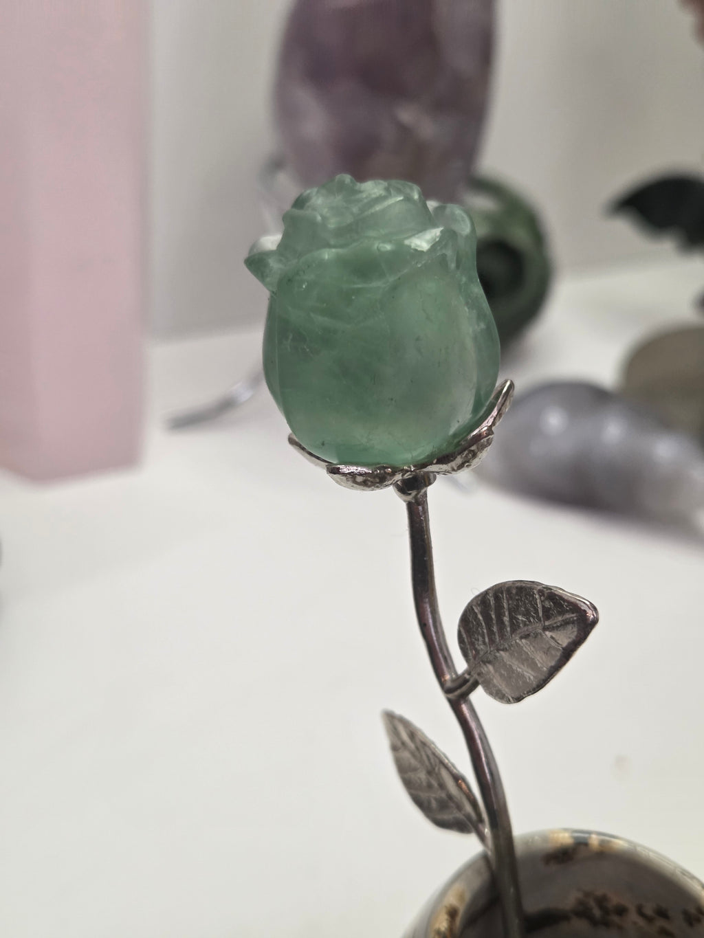 Green Flourite crystal roses on a stem