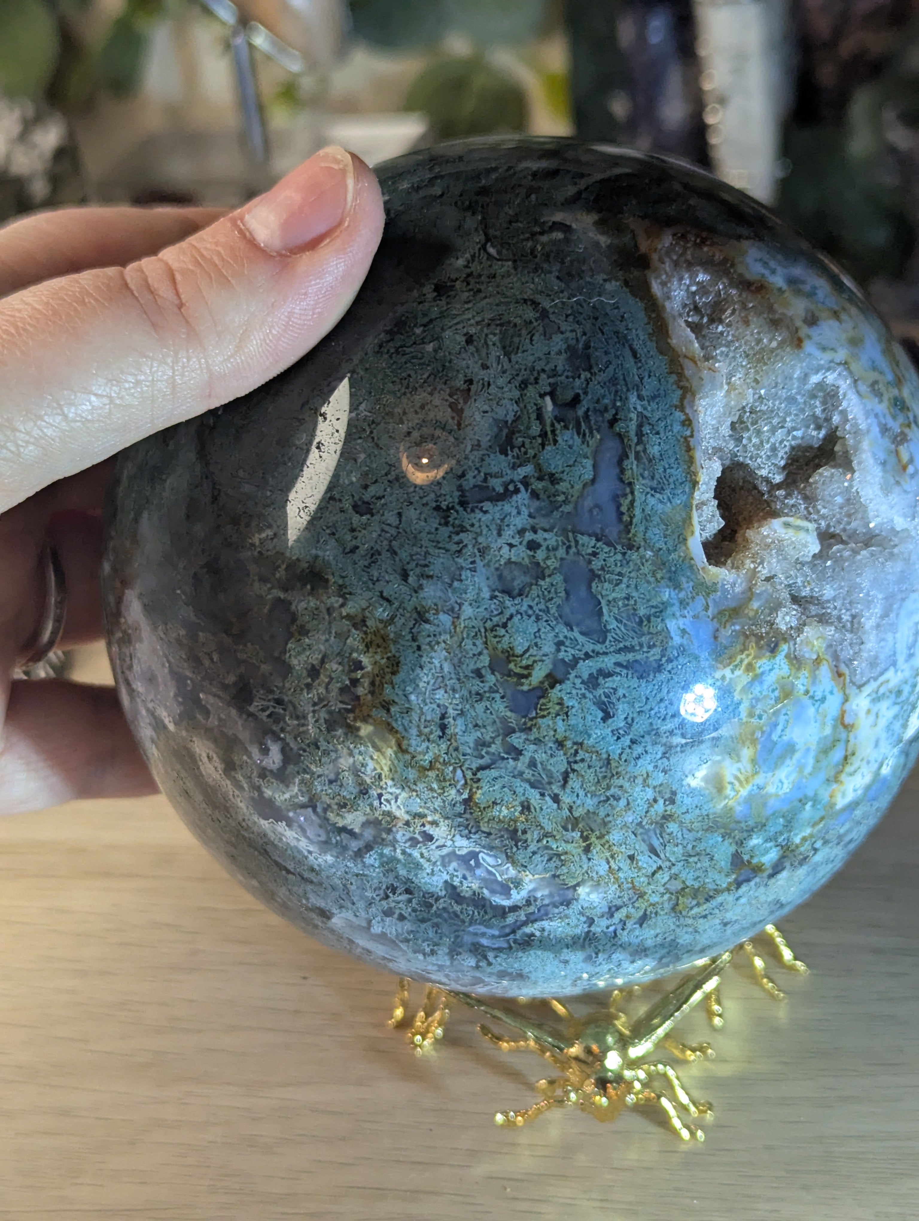 New 50% off on check out XL Moss Agate crystal sphere with stand over 13cm