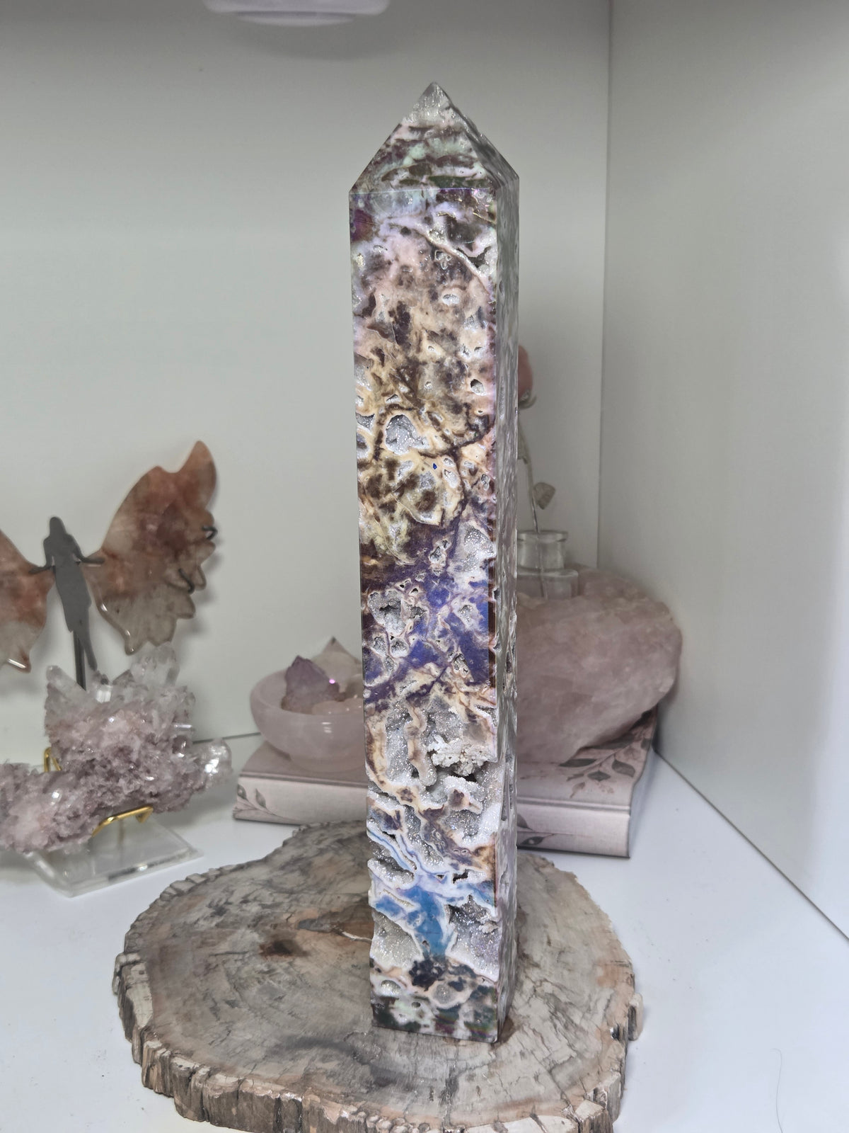Aura coated Sphelerite crystal tower carving