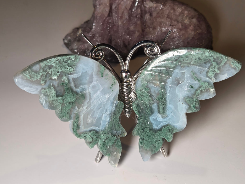 Moss Agate crystal butterfly carving