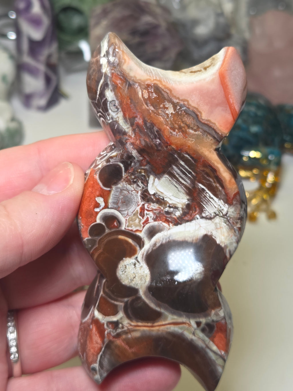 Money agate crystal  triple moon dish carving