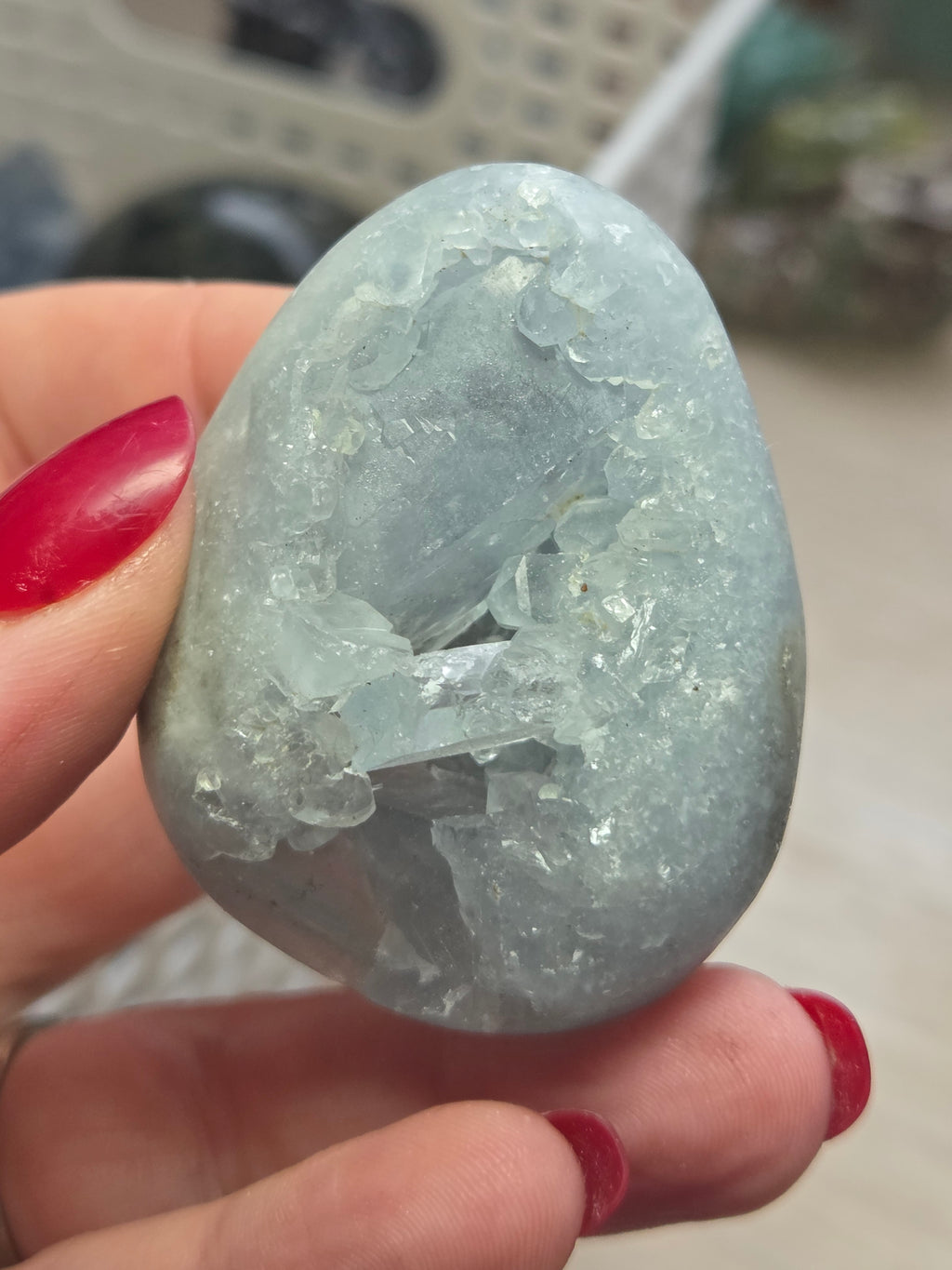 Blue celicite crystal egg carving specimen
