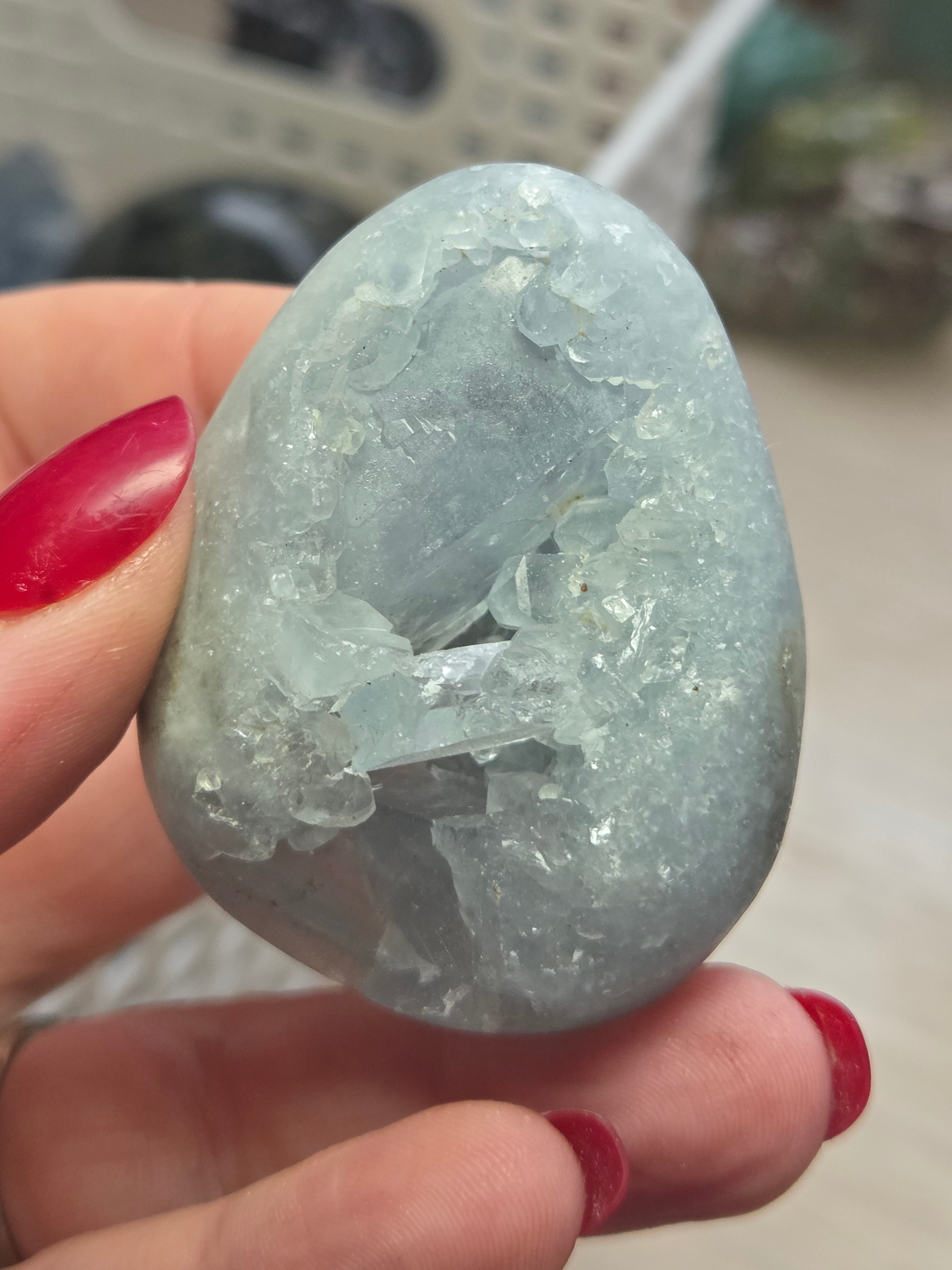 Blue celicite crystal egg carving specimen