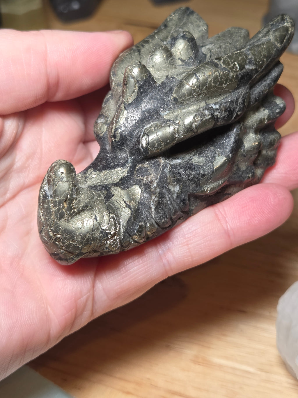 Medium pyrite crystal dragon head carving