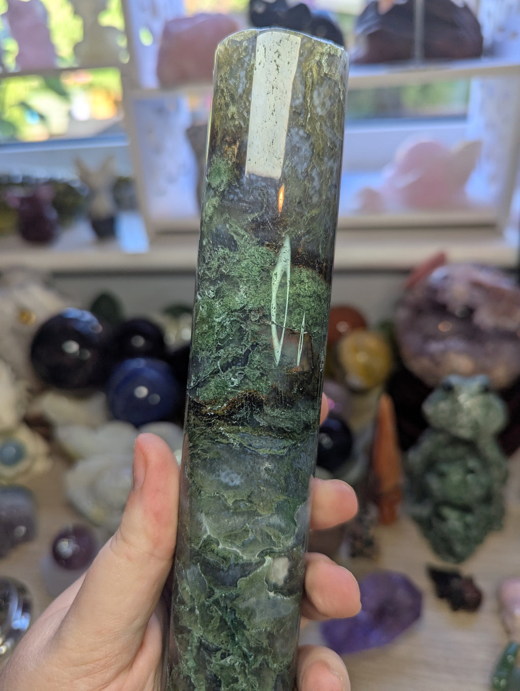 Moss agate crystal bracelet stand