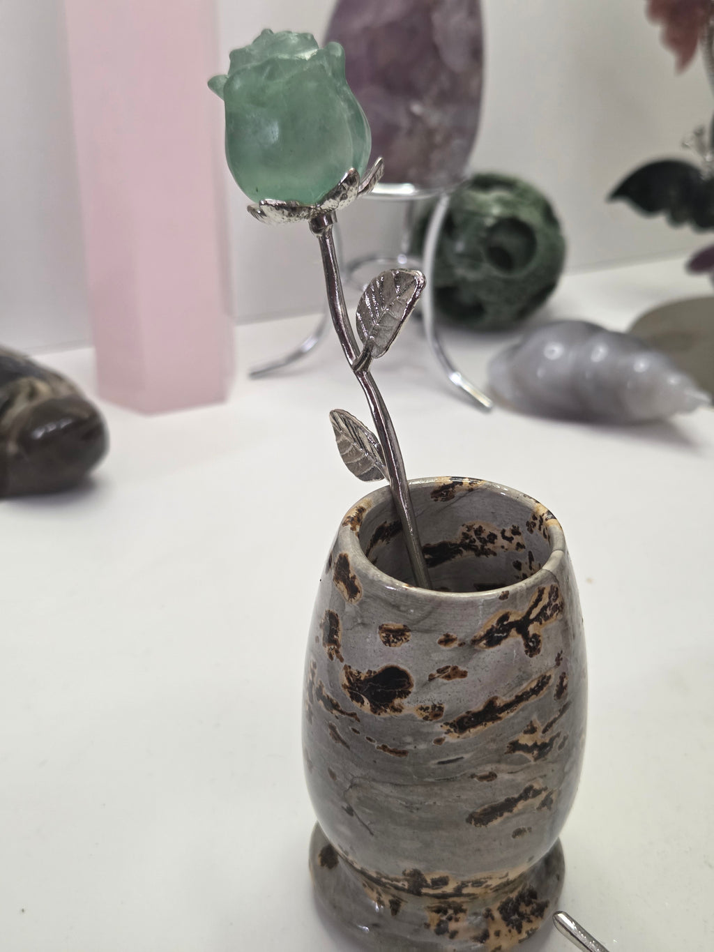 Green Flourite crystal roses on a stem