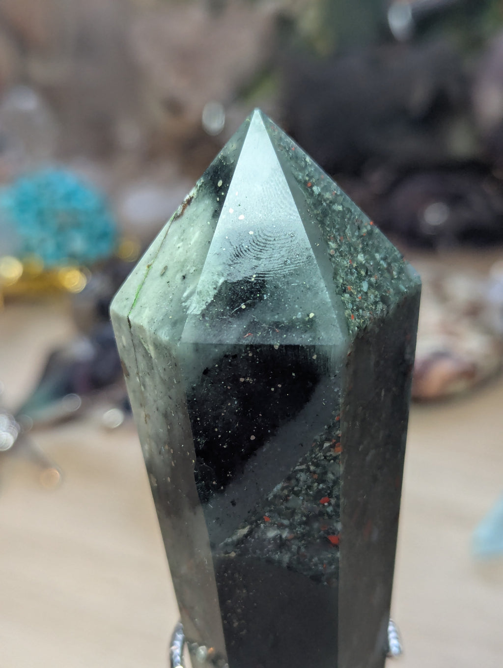 African blood stone crystal wand with stand