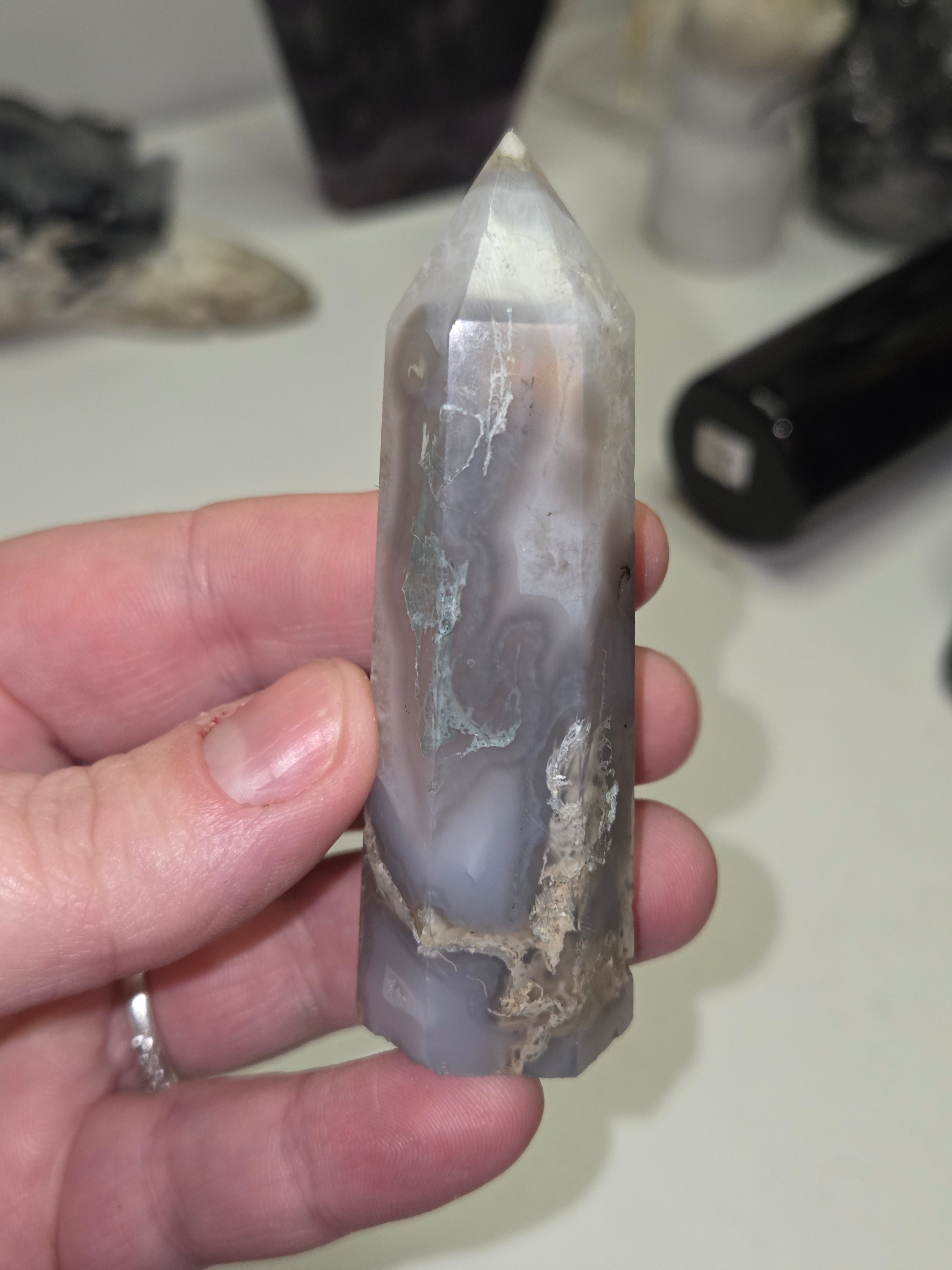 Moss agate crystal tower carving