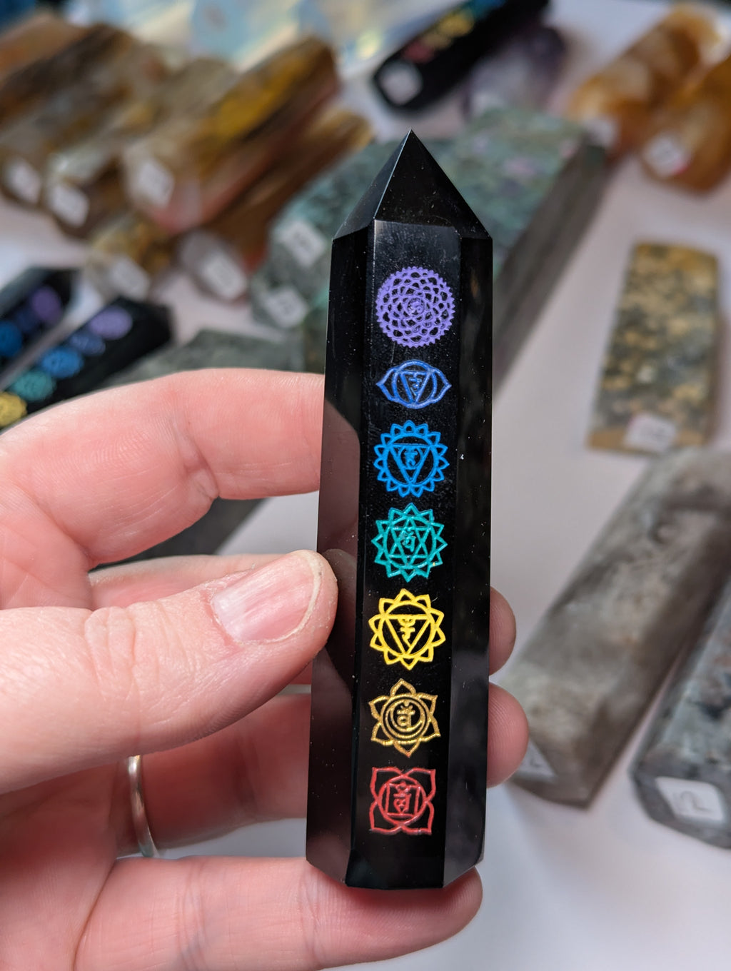 Obsidian chackra crystal tower carving