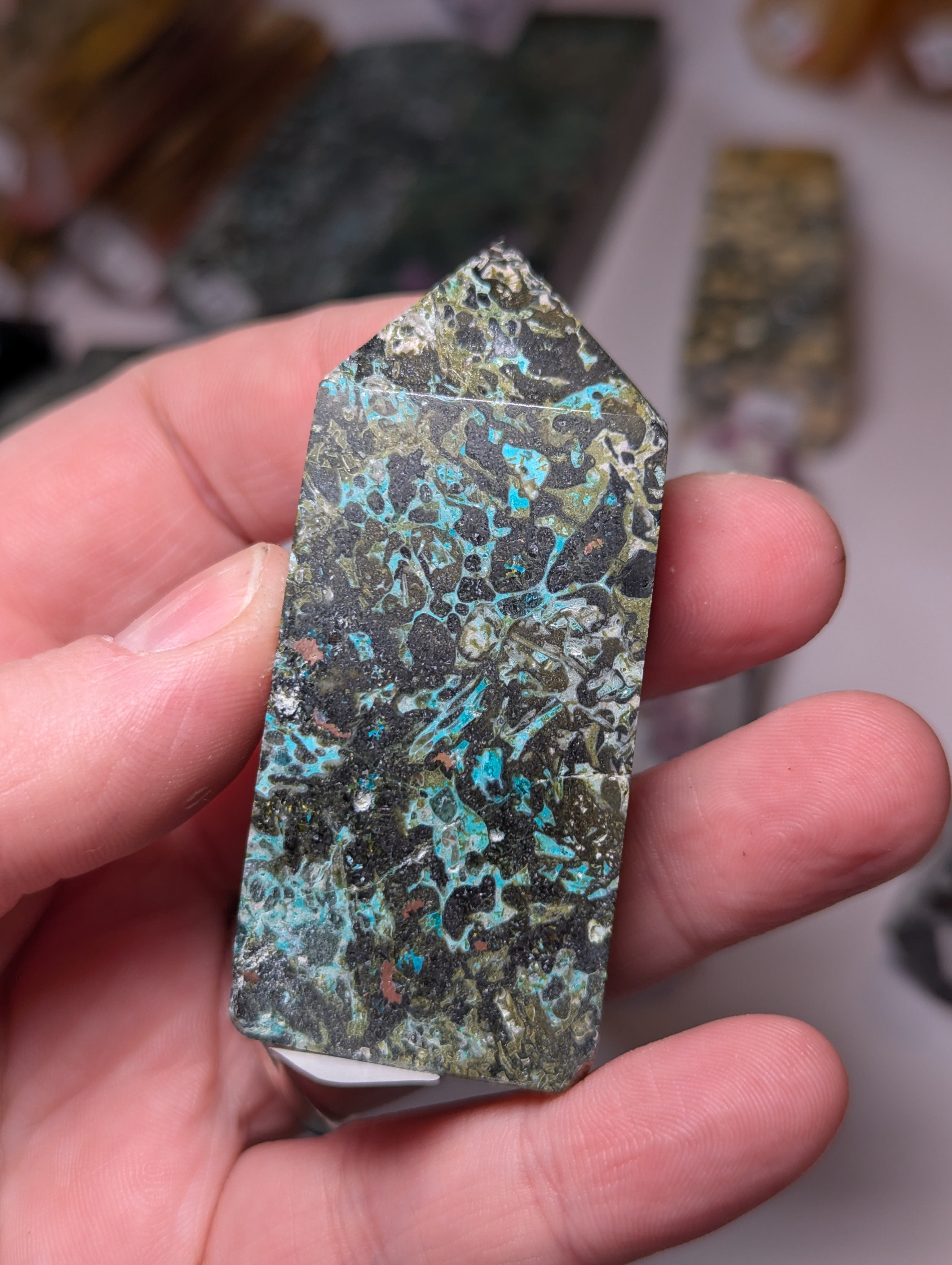 Epidote crystal with copper tower
