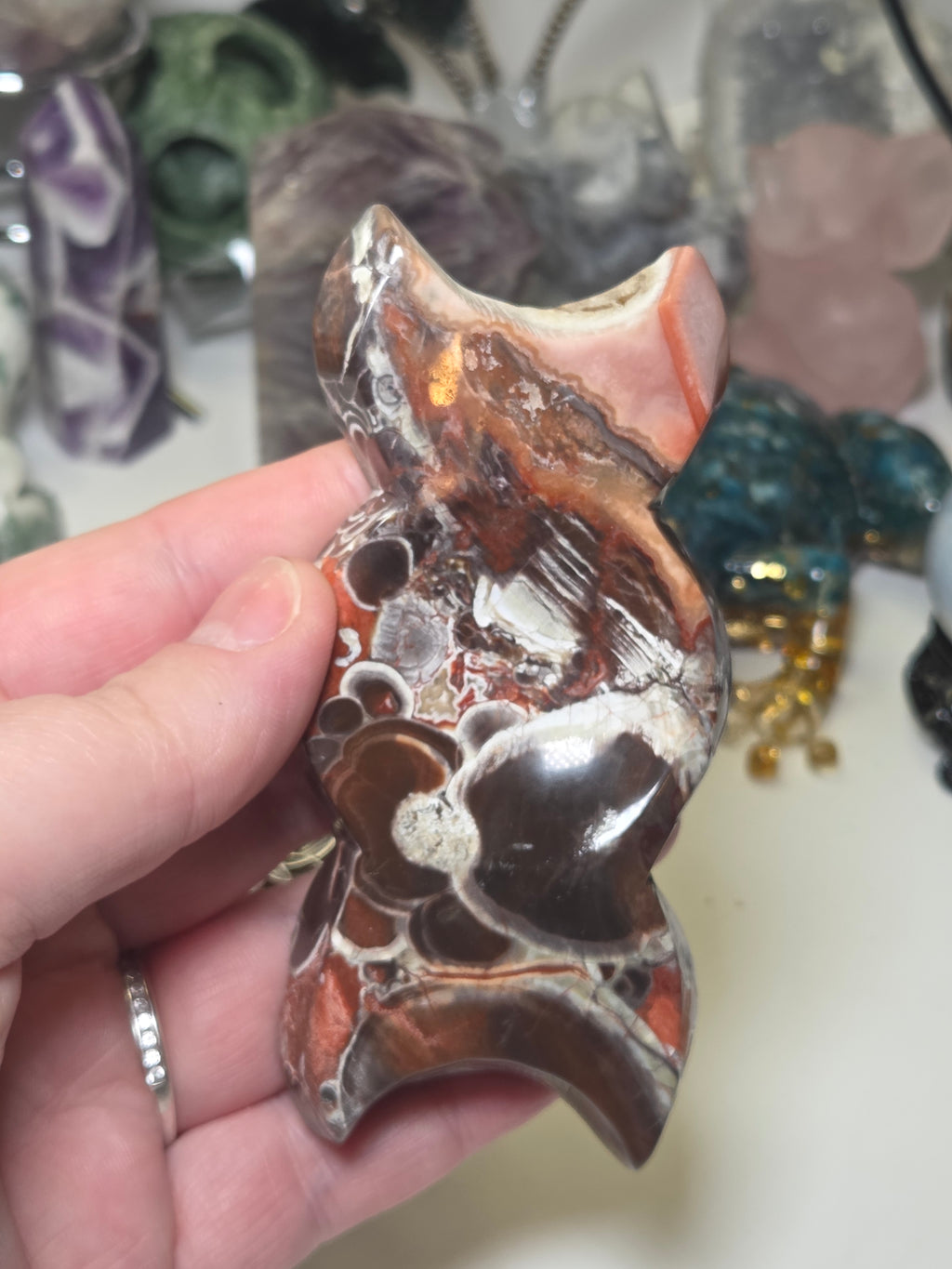 Money agate crystal  triple moon dish carving