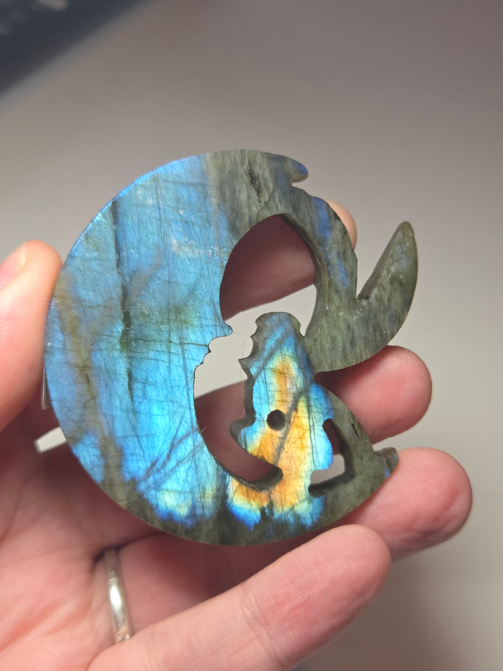 Labradorite crystal fairy moon carving with chair stand