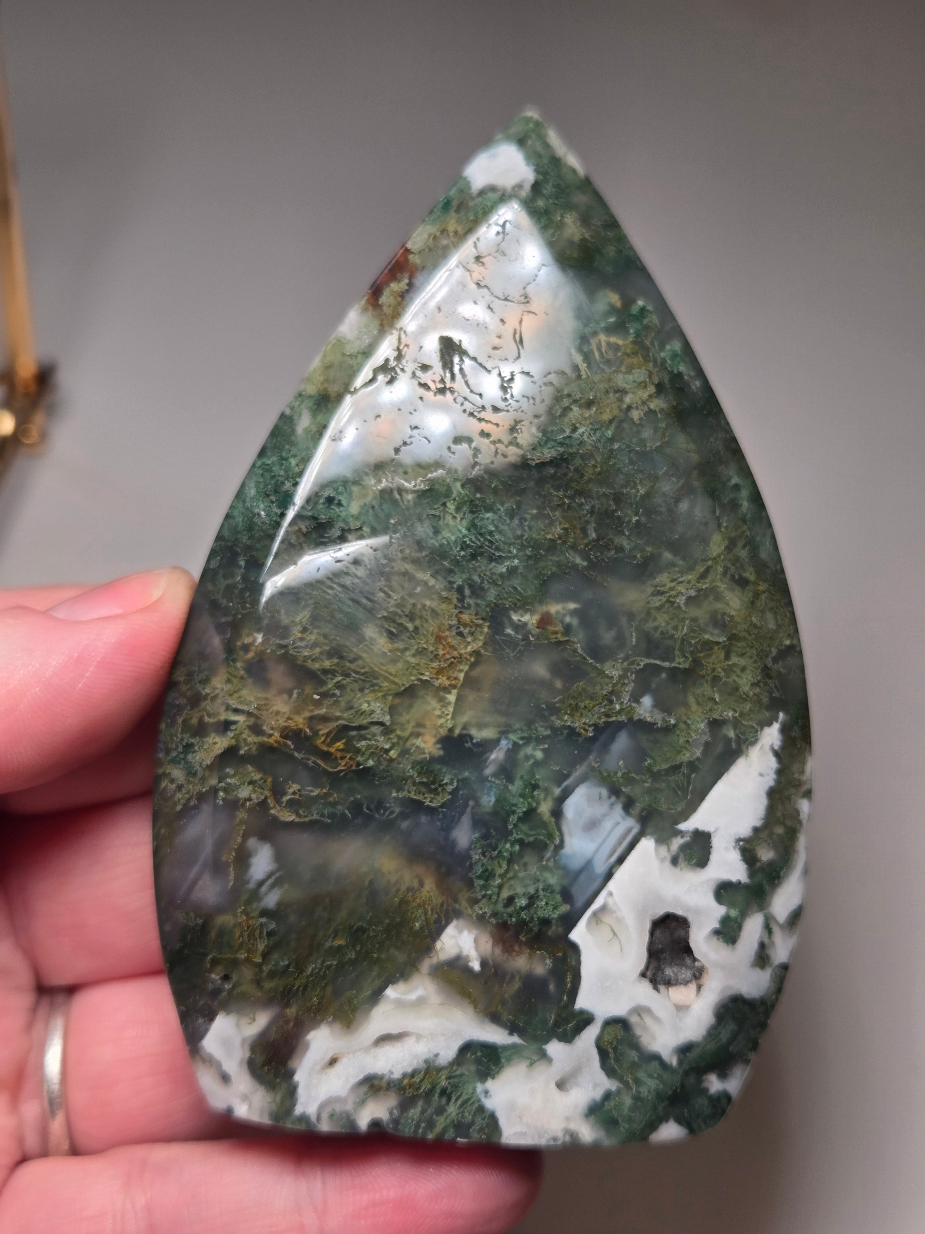 Moss Agate crystal tear drop carving