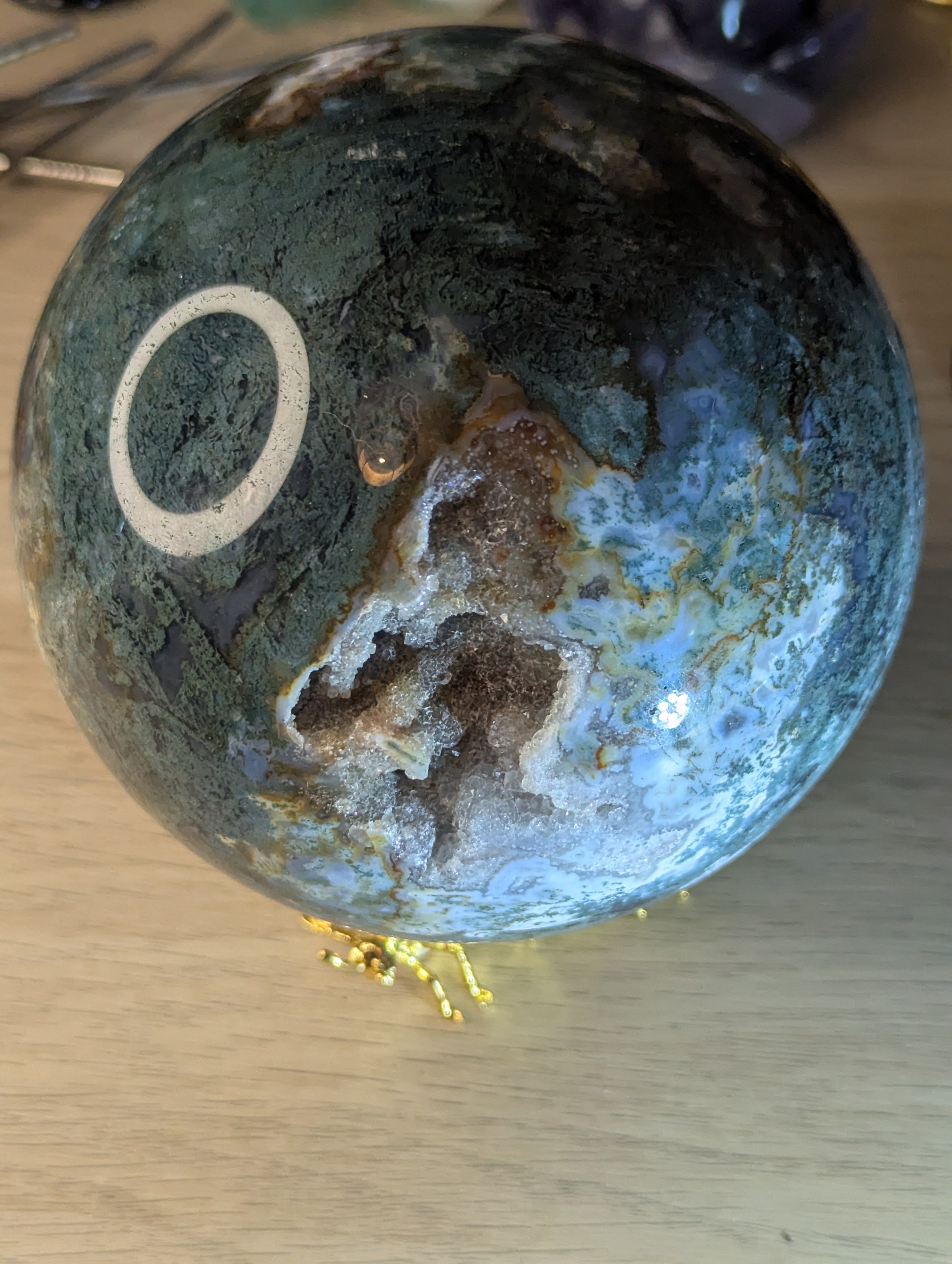 New 50% off on check out XL Moss Agate crystal sphere with stand over 13cm