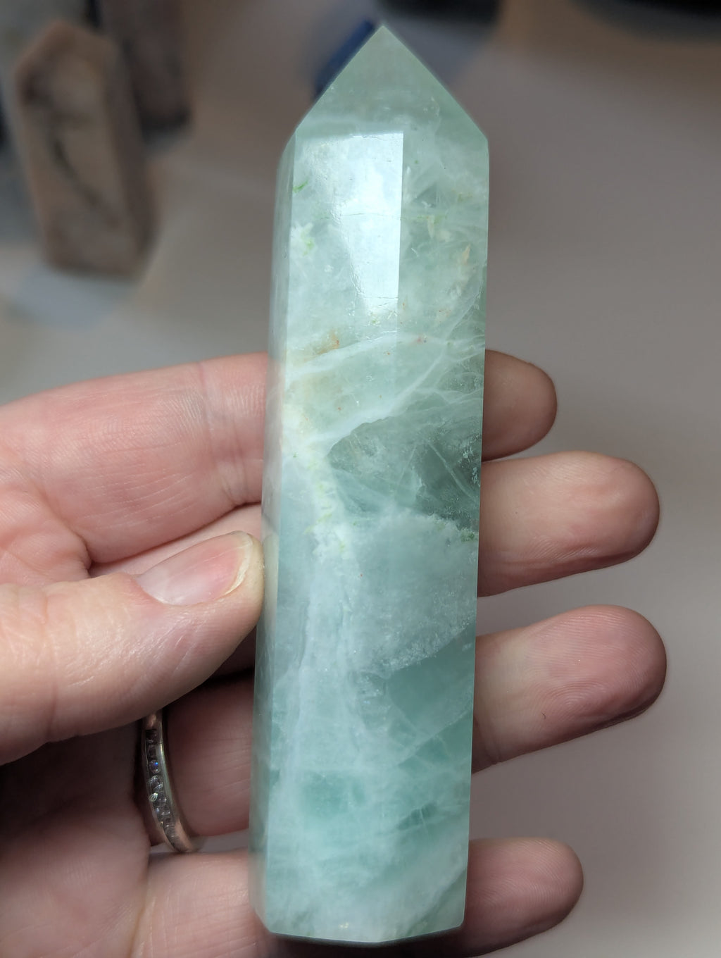 Green Flourite crystal tower carving