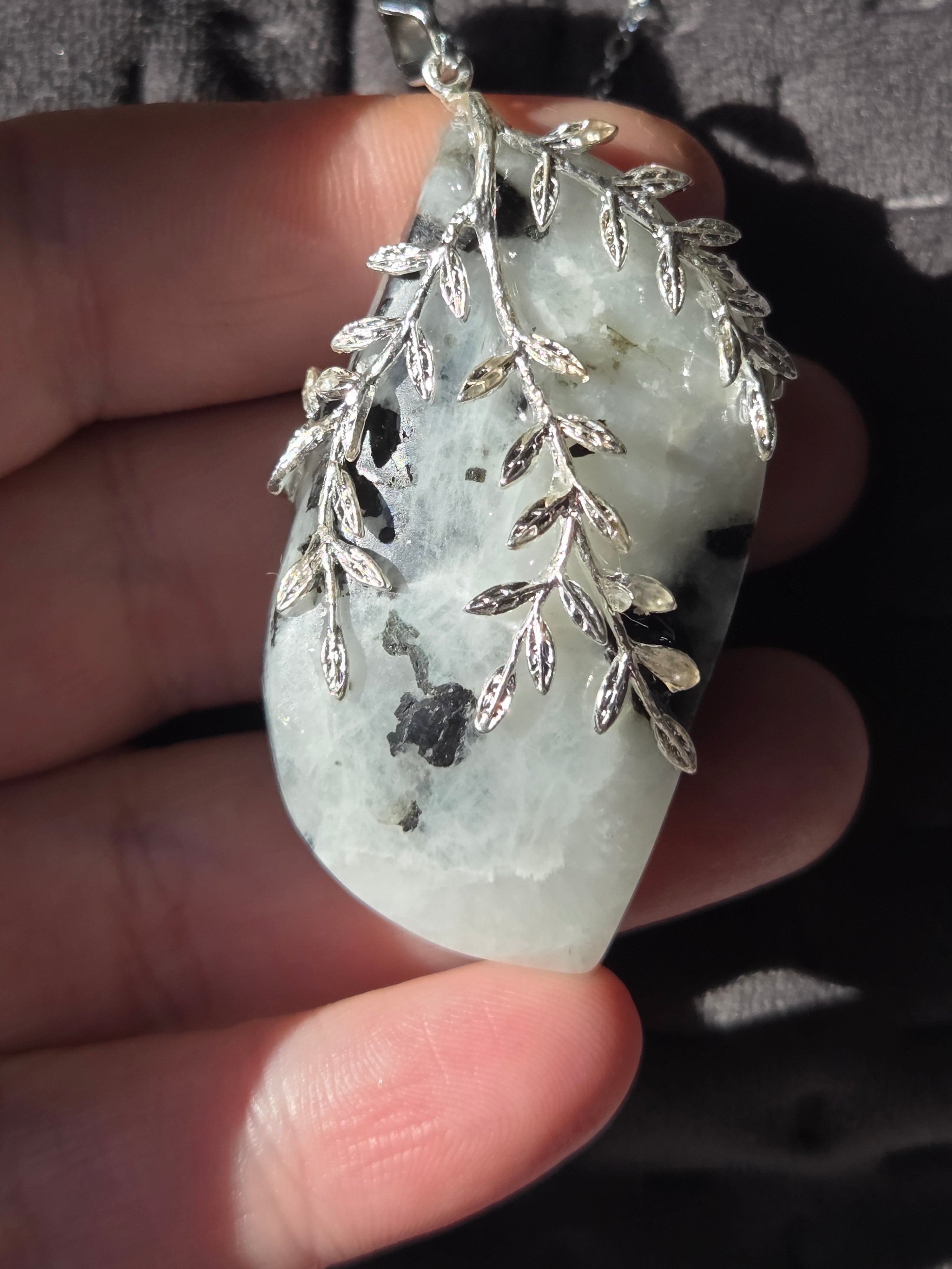 Large pendant rainbow moonstone crystal necklace