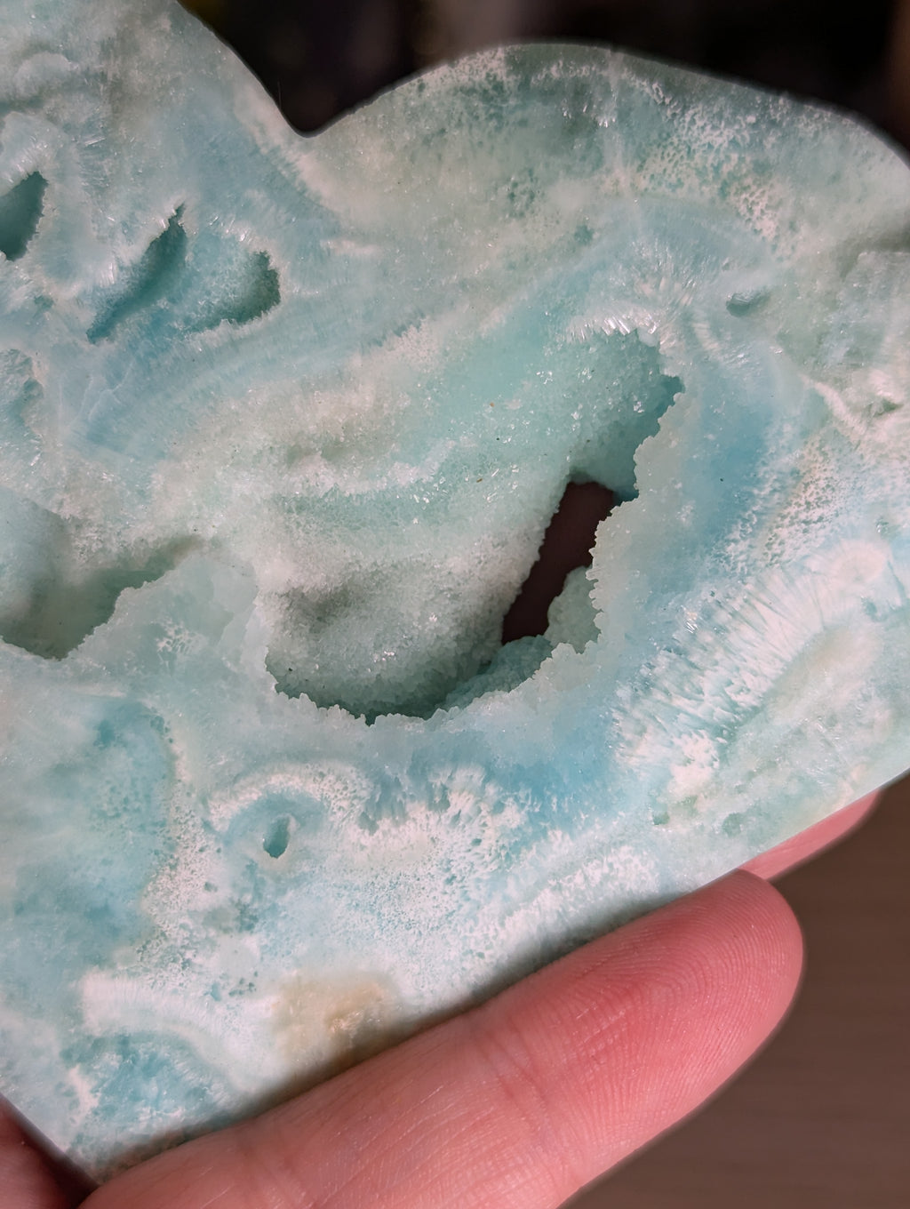 Hemimorphite crystal heart carving with stand