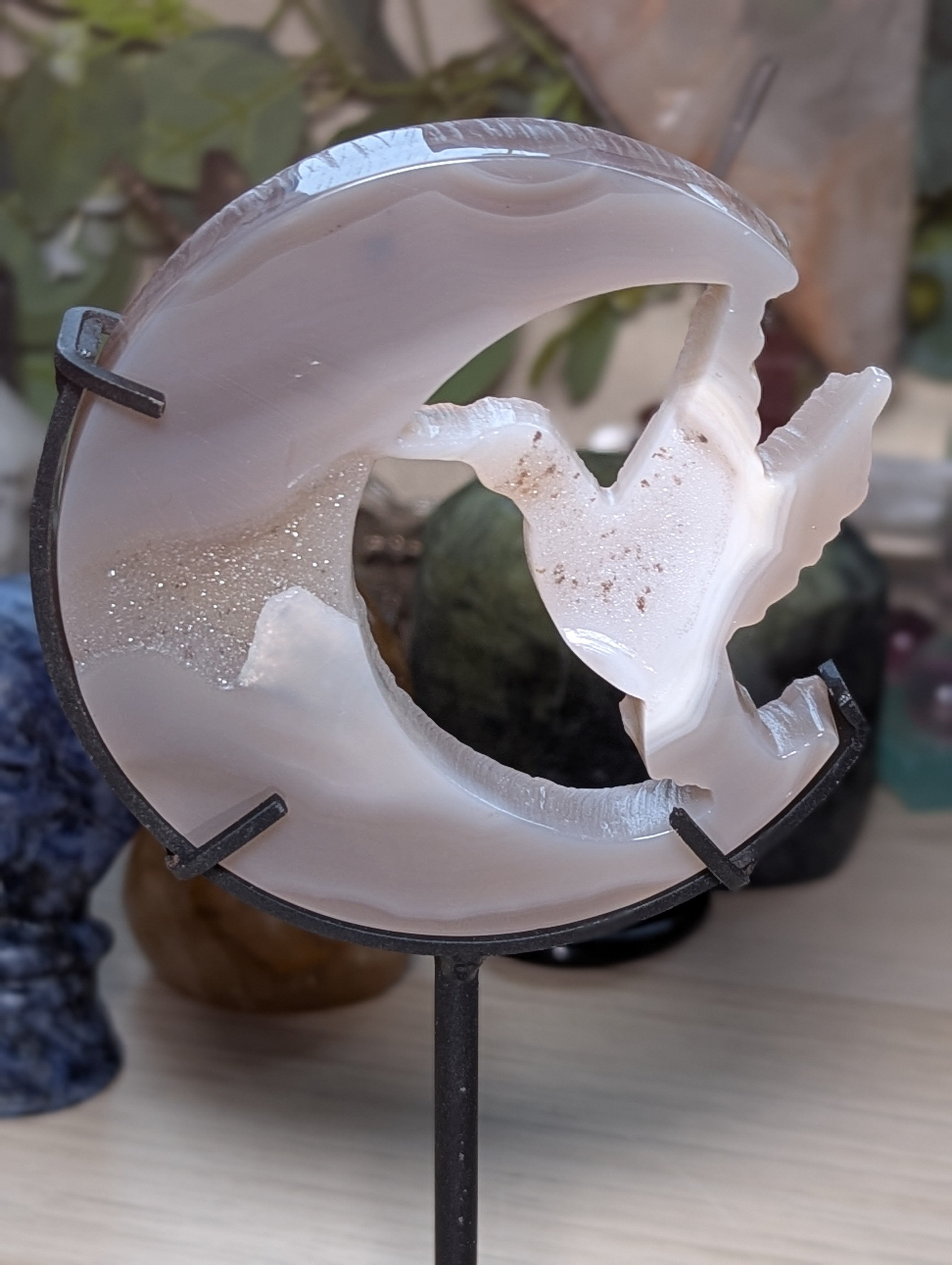 Sparkly Duzy Agate crystal bird with moon and stand