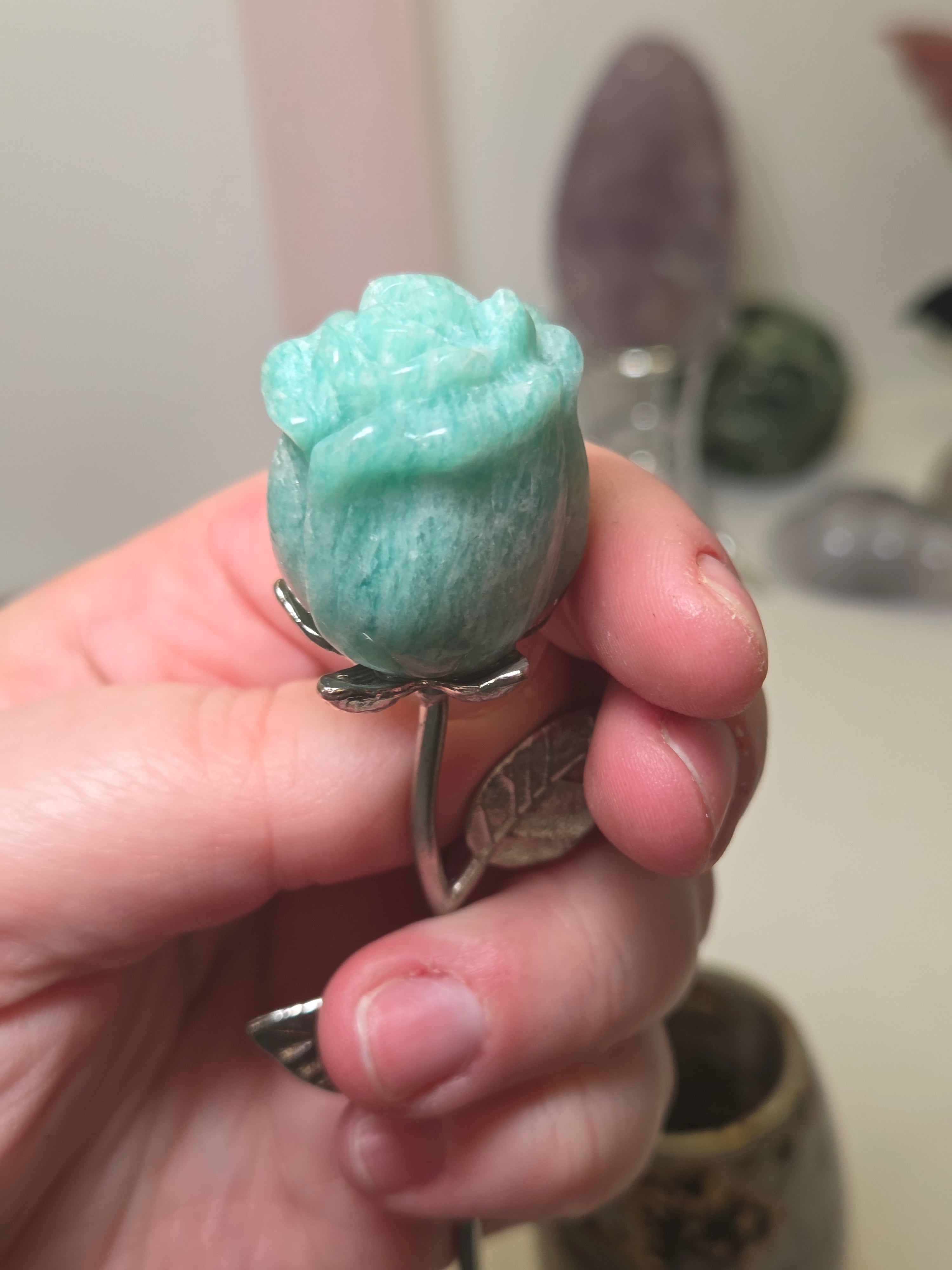Amazonite crystal rose carving on a stem