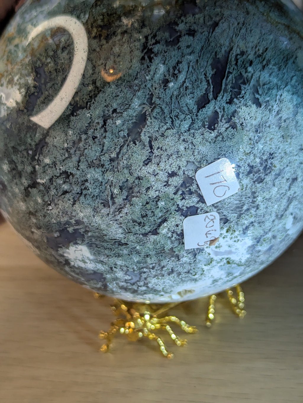New 50% off on check out XL Moss Agate crystal sphere with stand over 13cm
