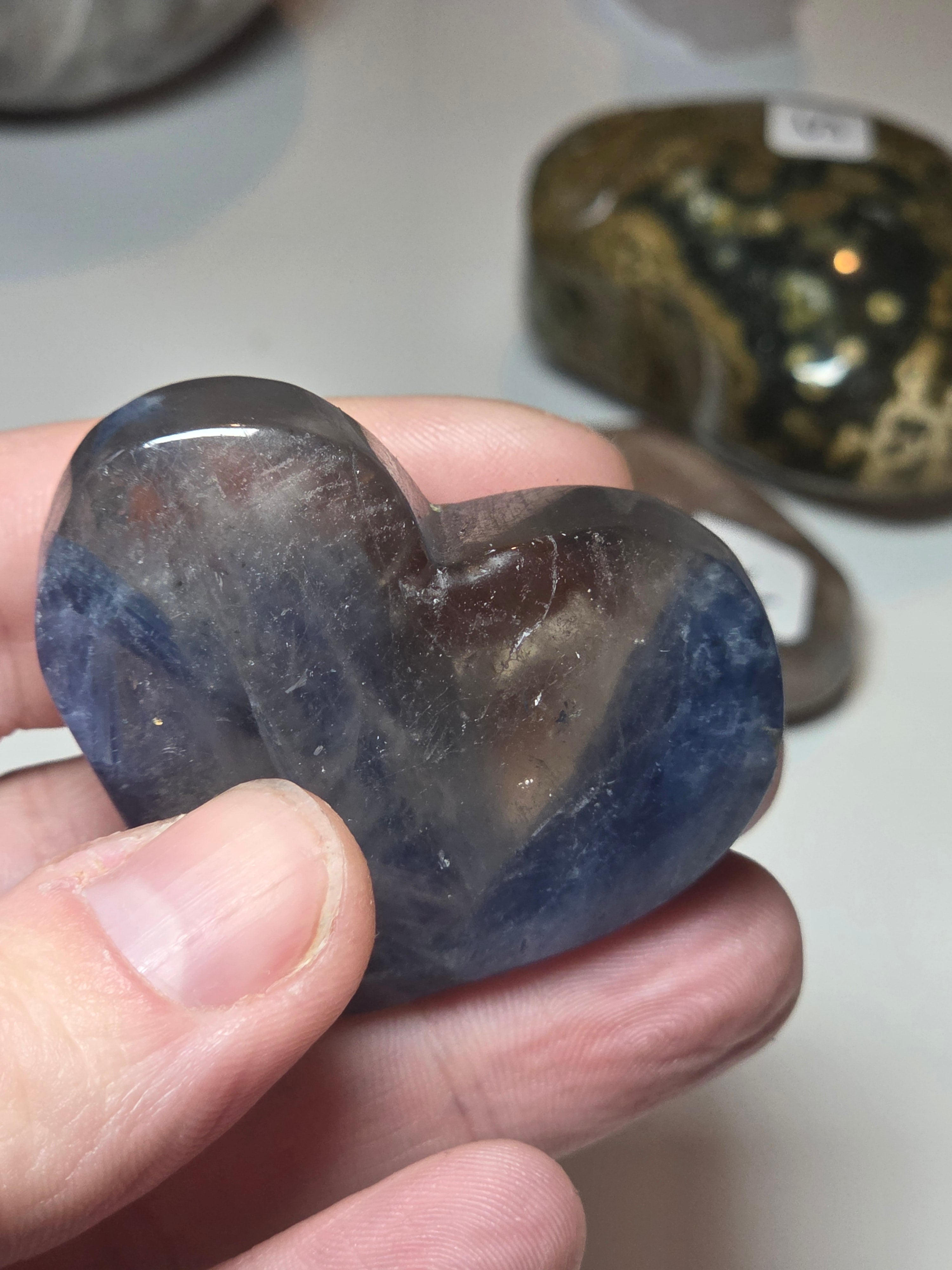 Blue kyanite crystal heart with smokey quartz