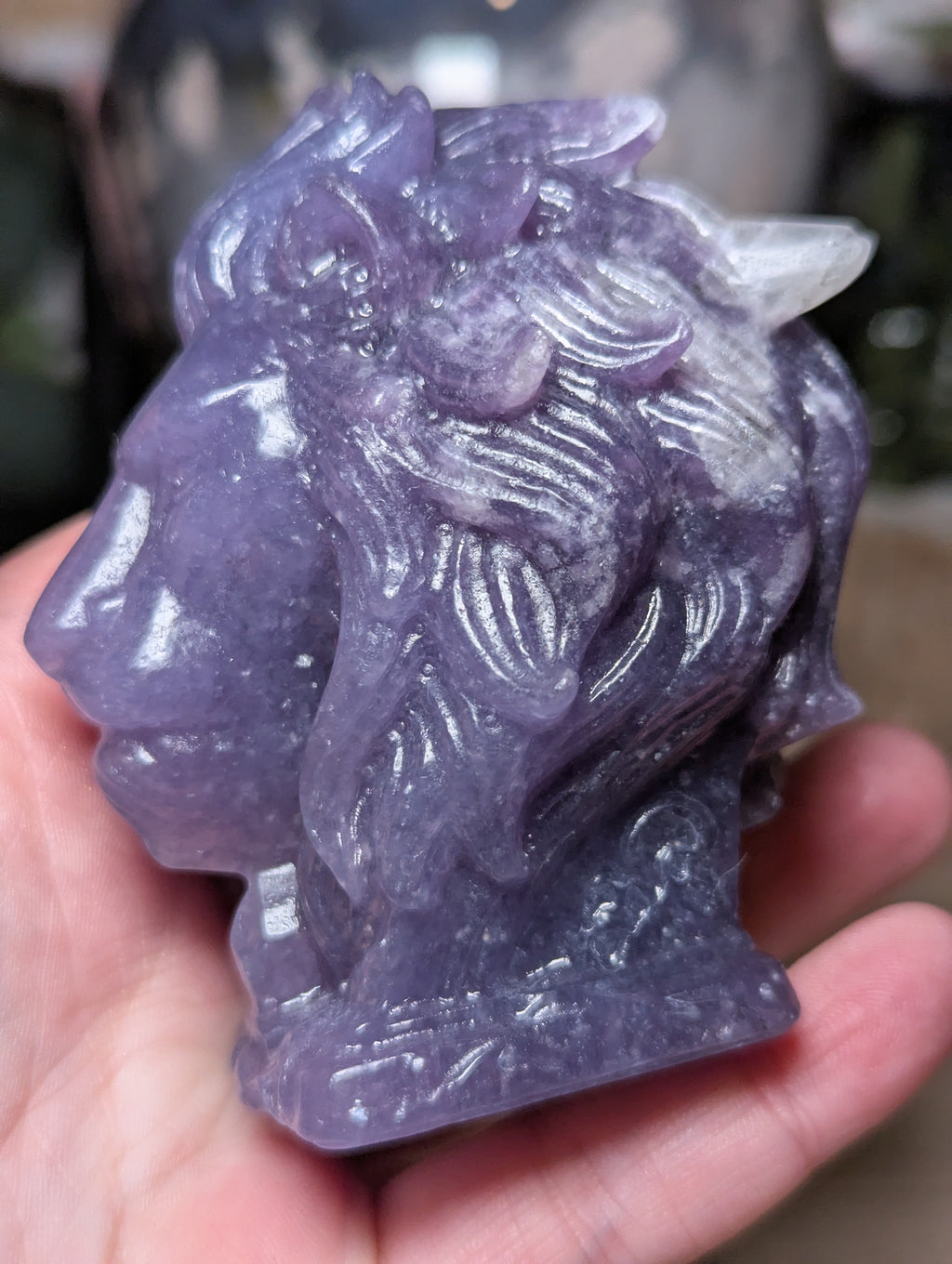 Lepidolite crystal large lion carving