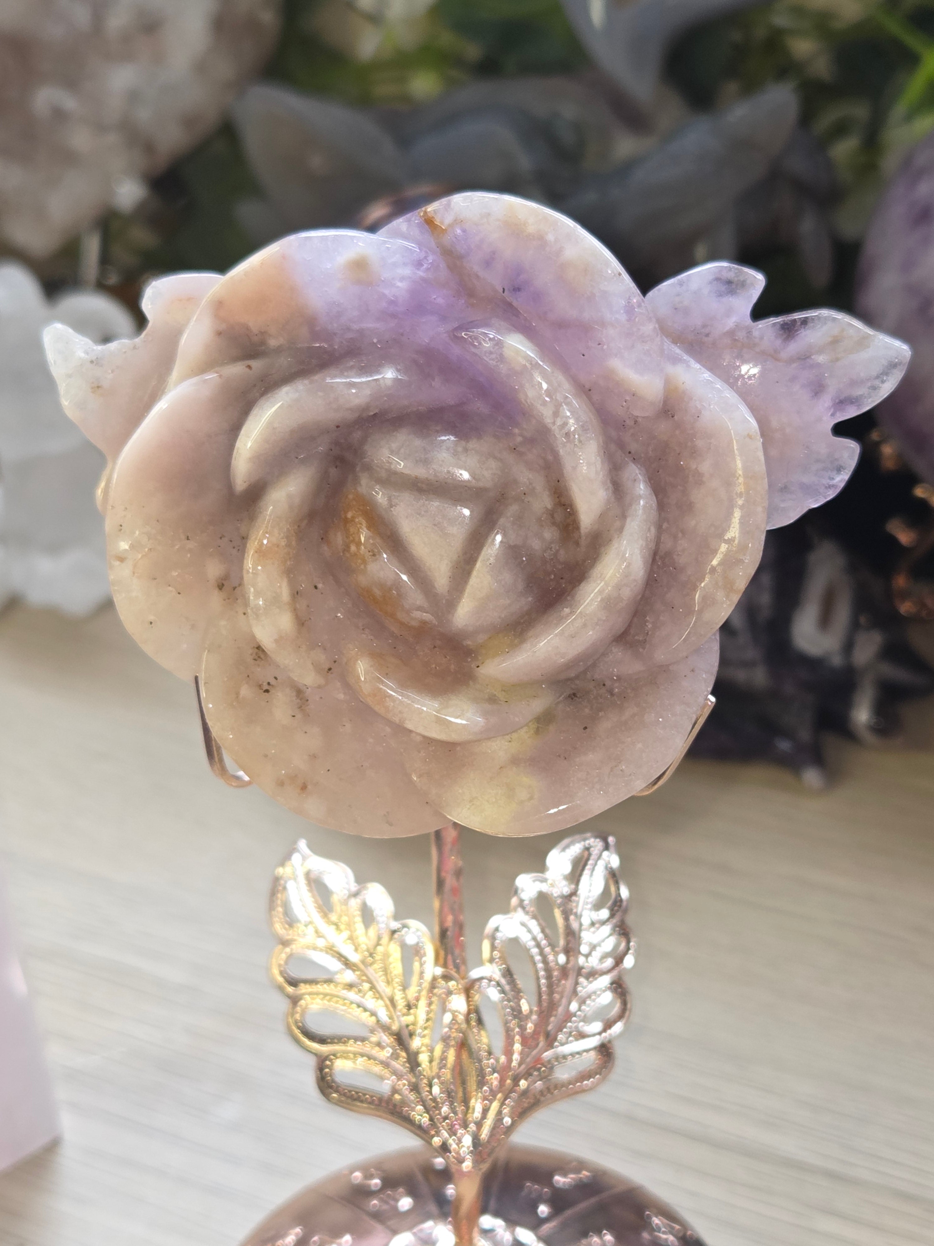 Amethyst Flower agate crystal rose carving with stand