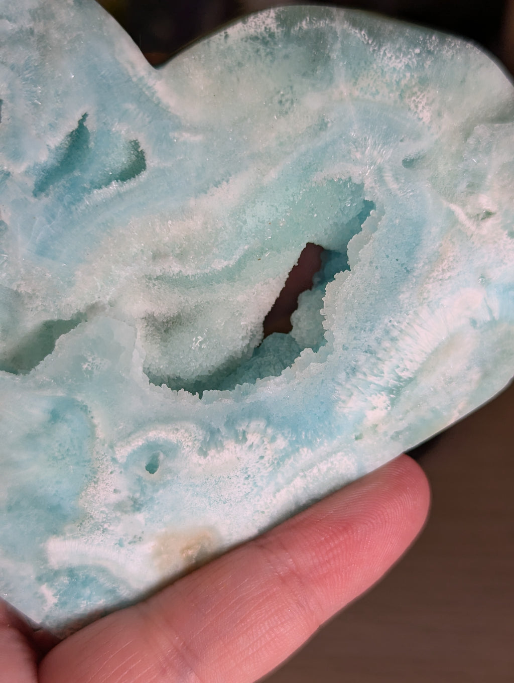 Hemimorphite crystal heart carving with stand