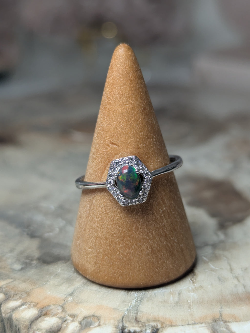 Black opal crystal adjustable ring - Silver
