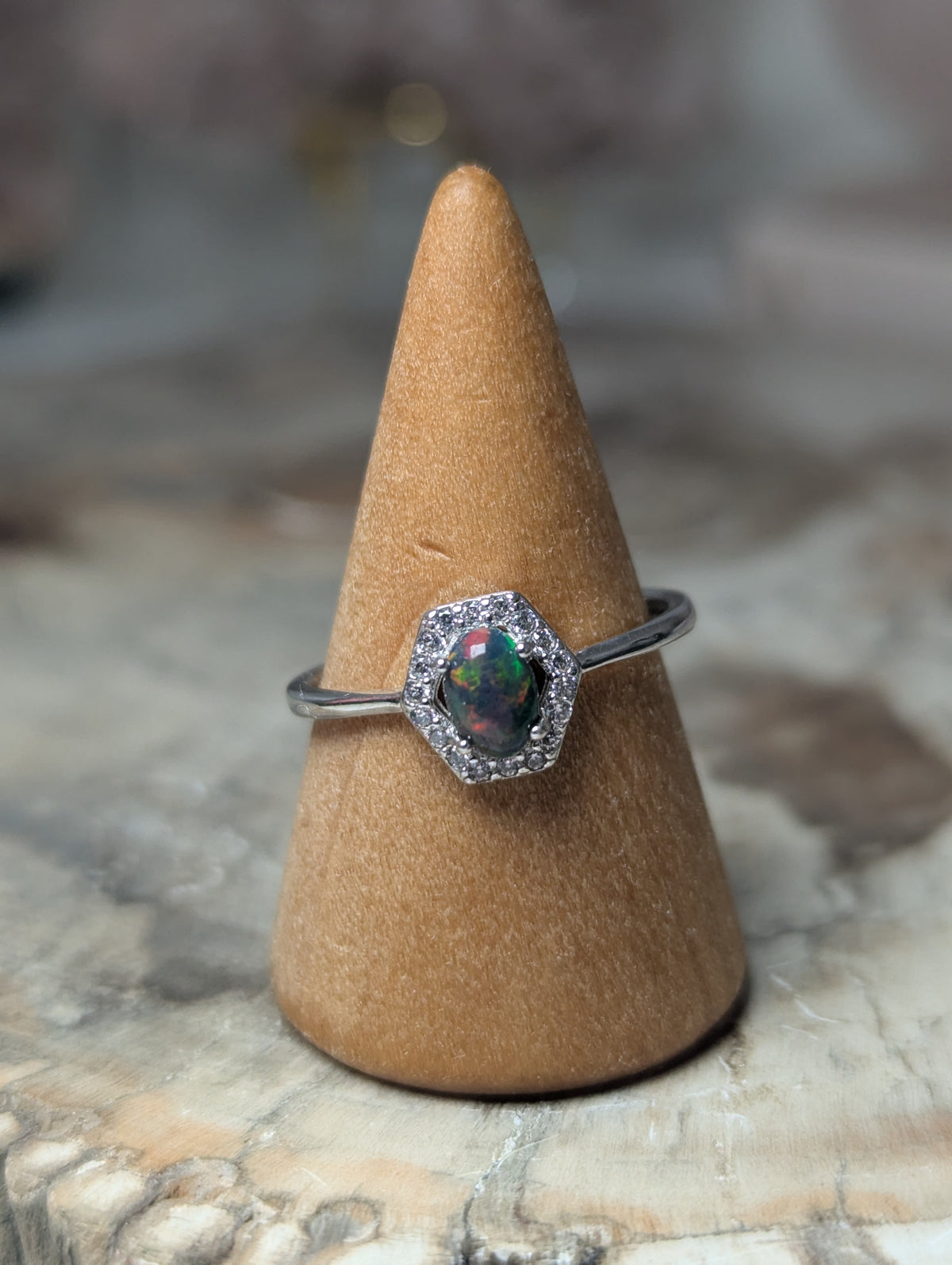 Black opal crystal adjustable ring - Silver