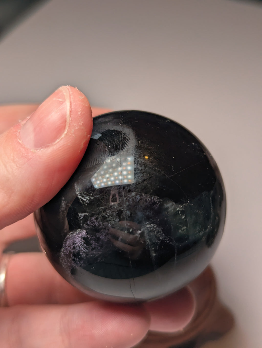 Black rose flourite crystal sphere with stand UV reactive