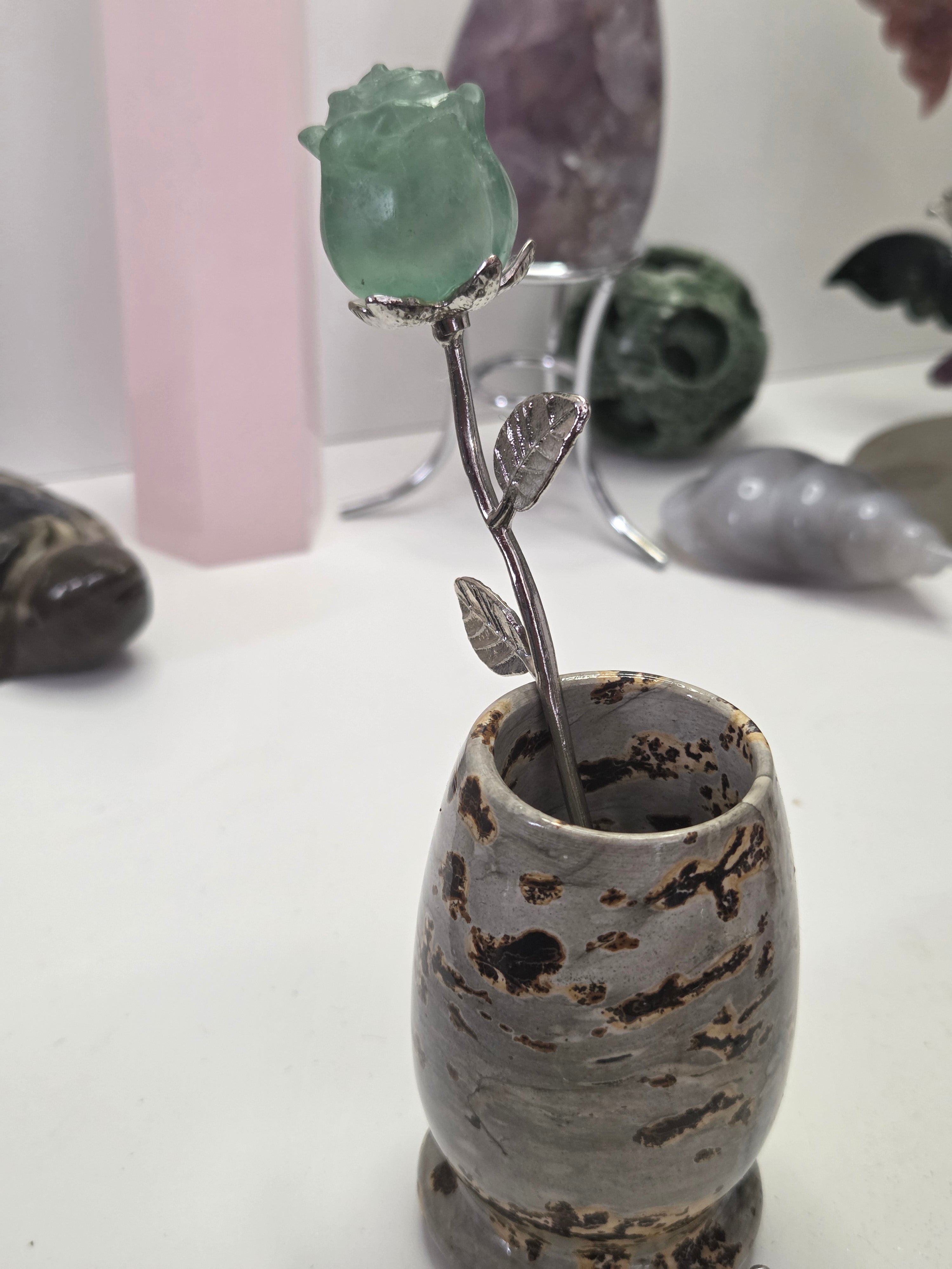 Green Flourite crystal roses on a stem