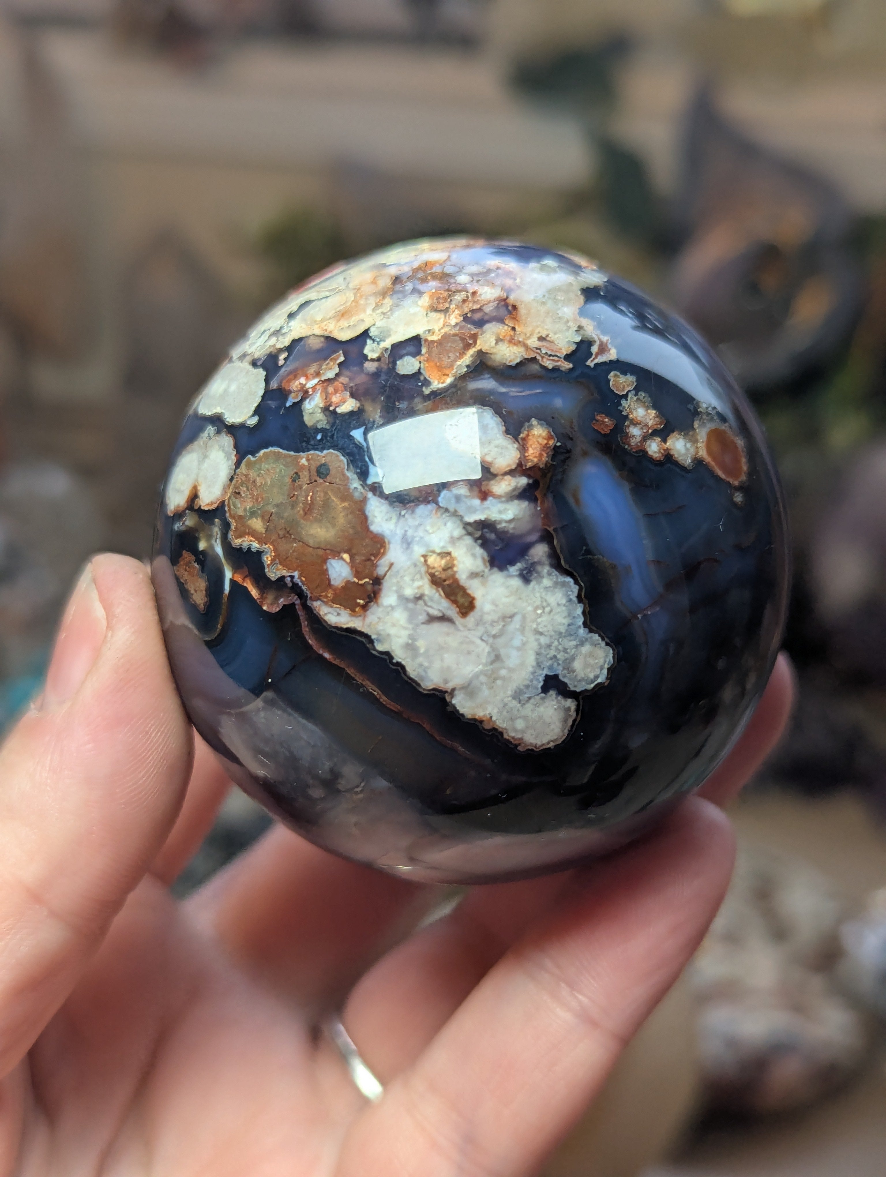 Blue  flower agate crystal sphere with stand