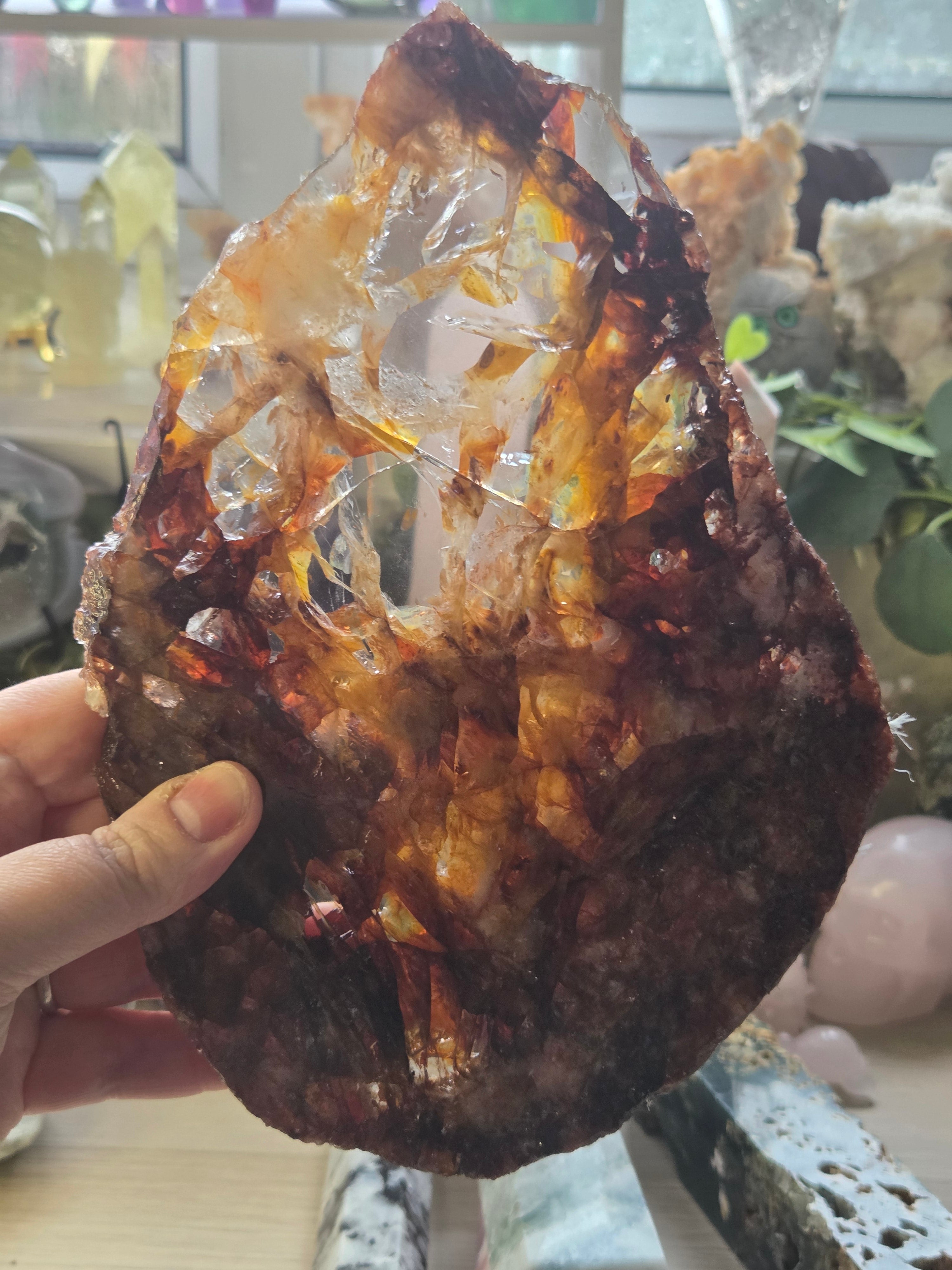 XL Grade A A fire quartz crystal slice with stand