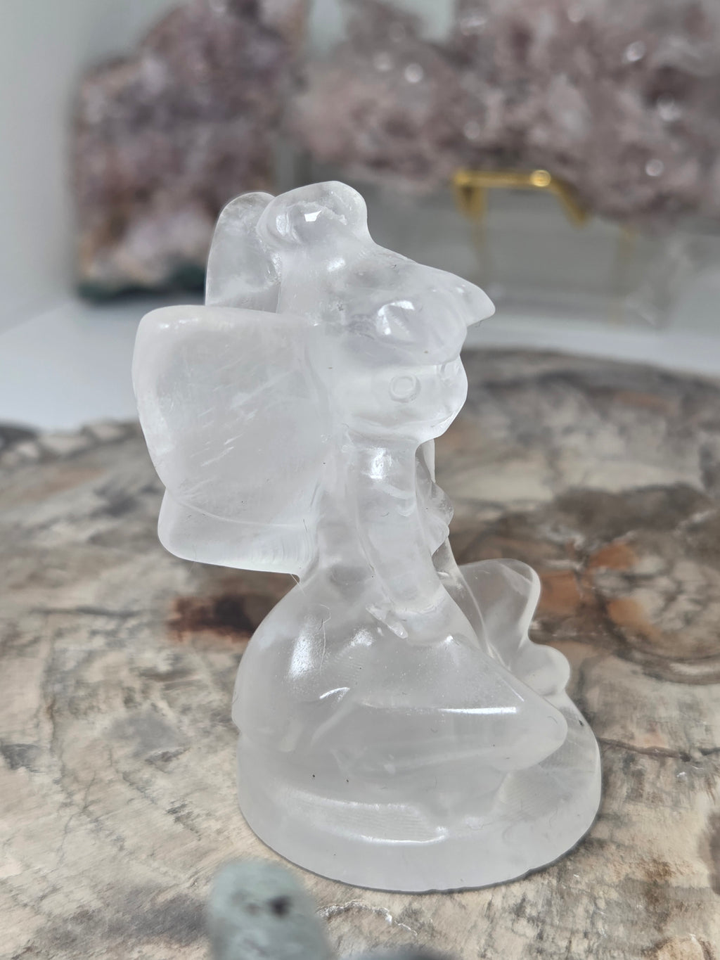 Clear quartz crystal Tinkabell carving