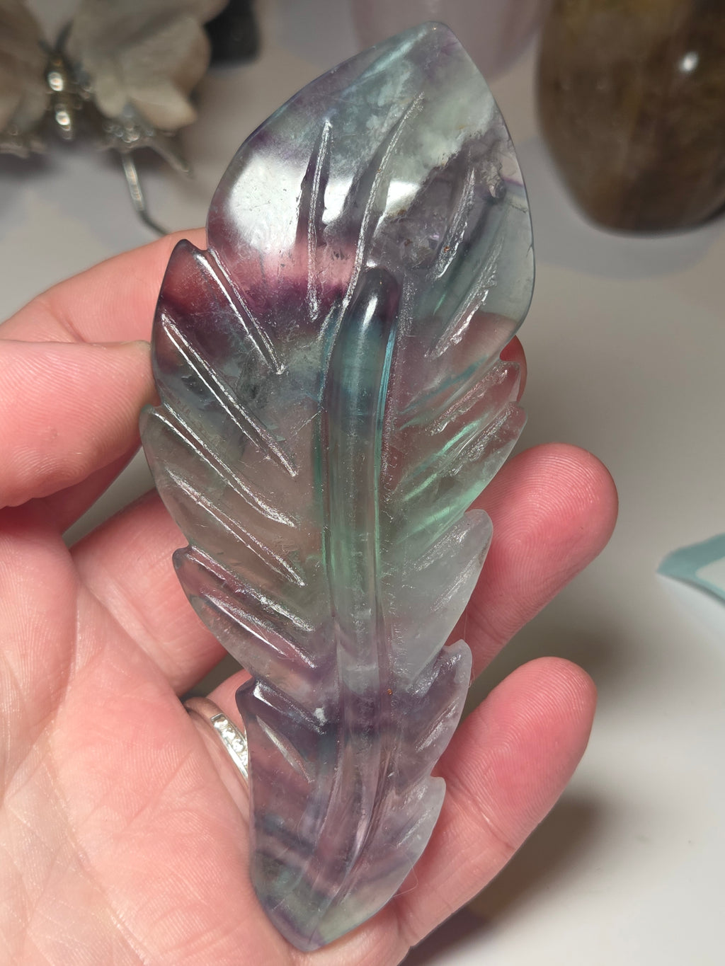 Flourite crystal feather carving