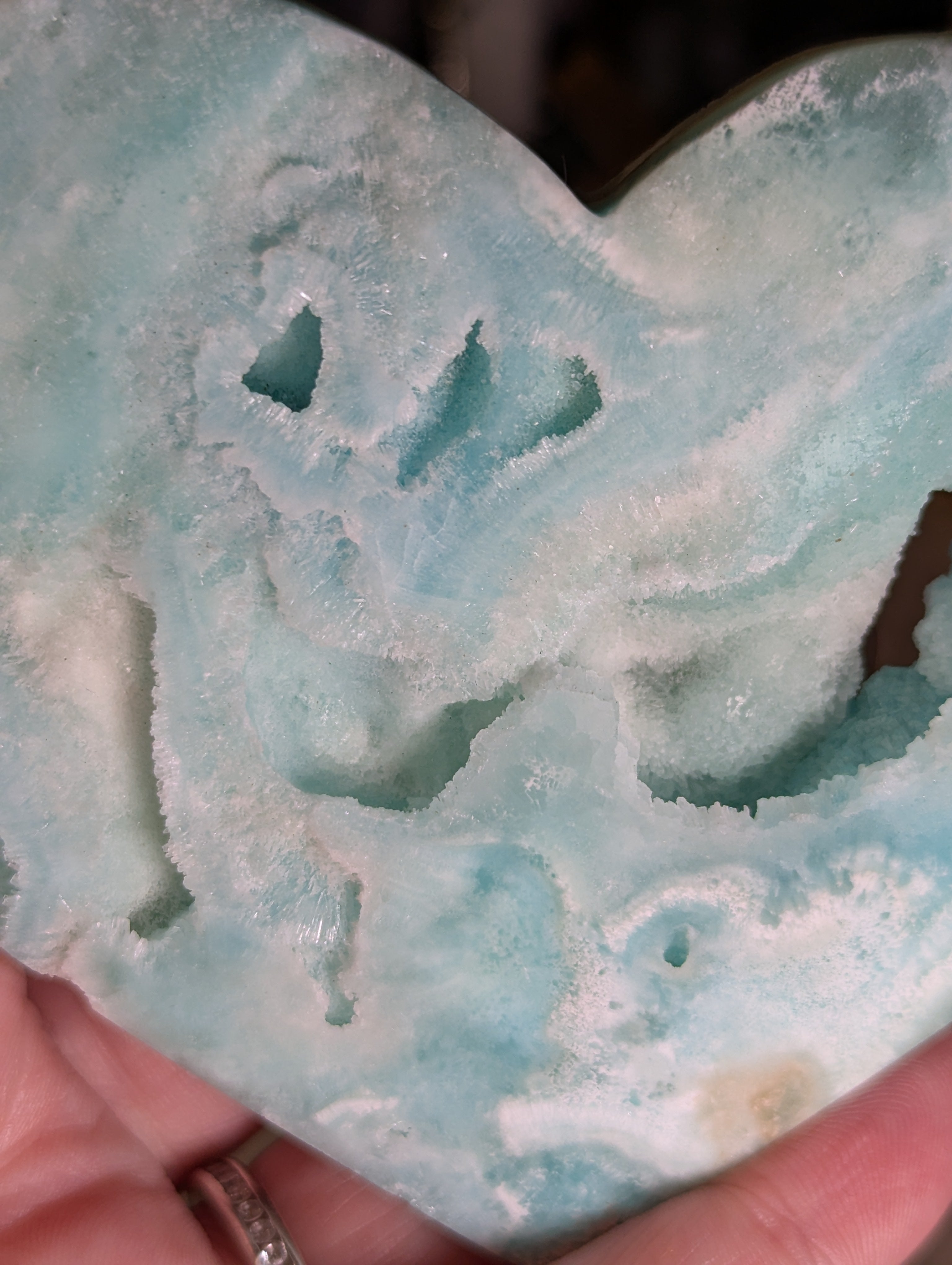 Hemimorphite crystal heart carving with stand