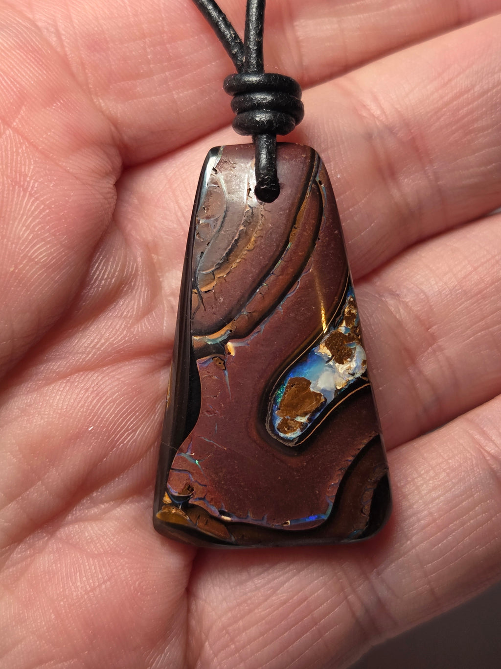Bolder opal crystal handmade necklace on leather adjustable chain