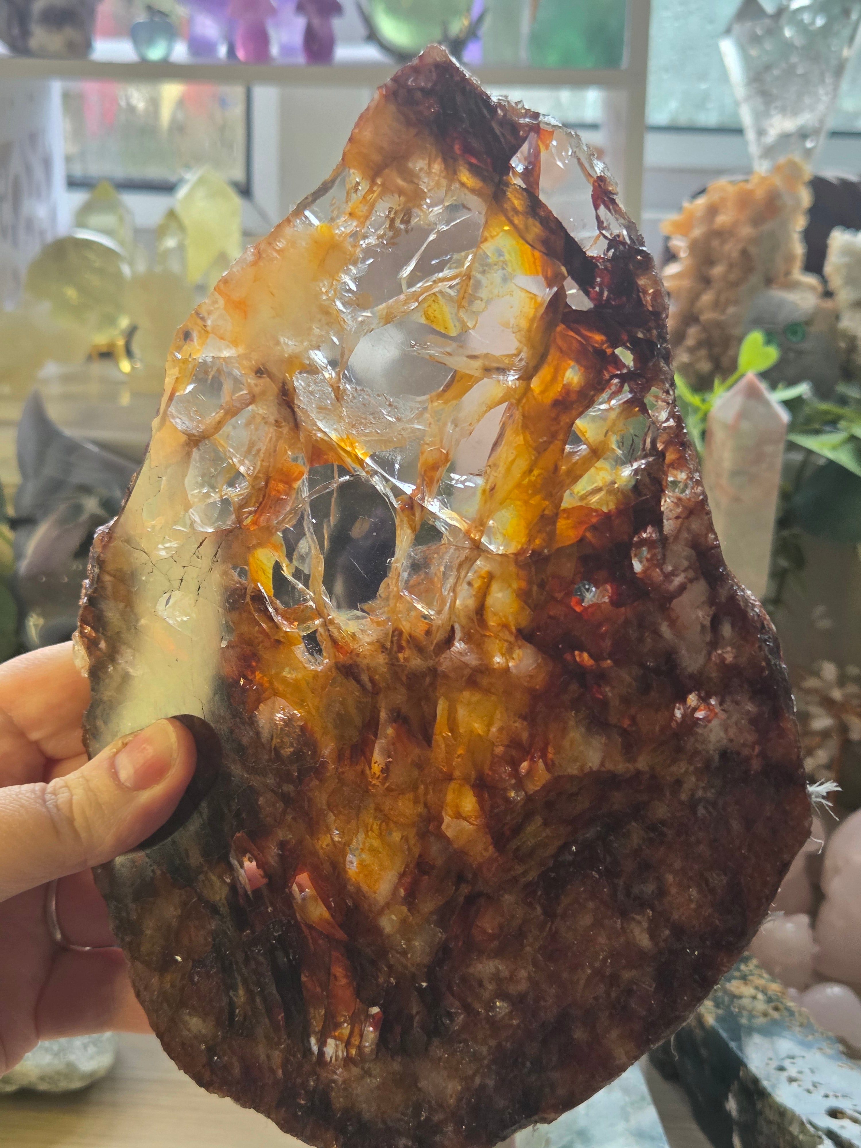 XL Grade A A fire quartz crystal slice with stand