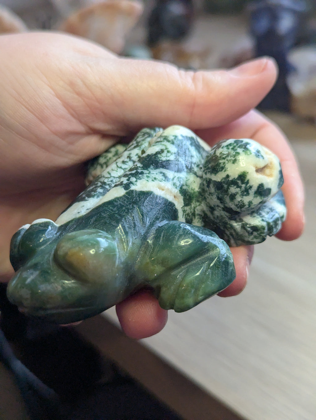 Large Moss Agate crystal frog carving