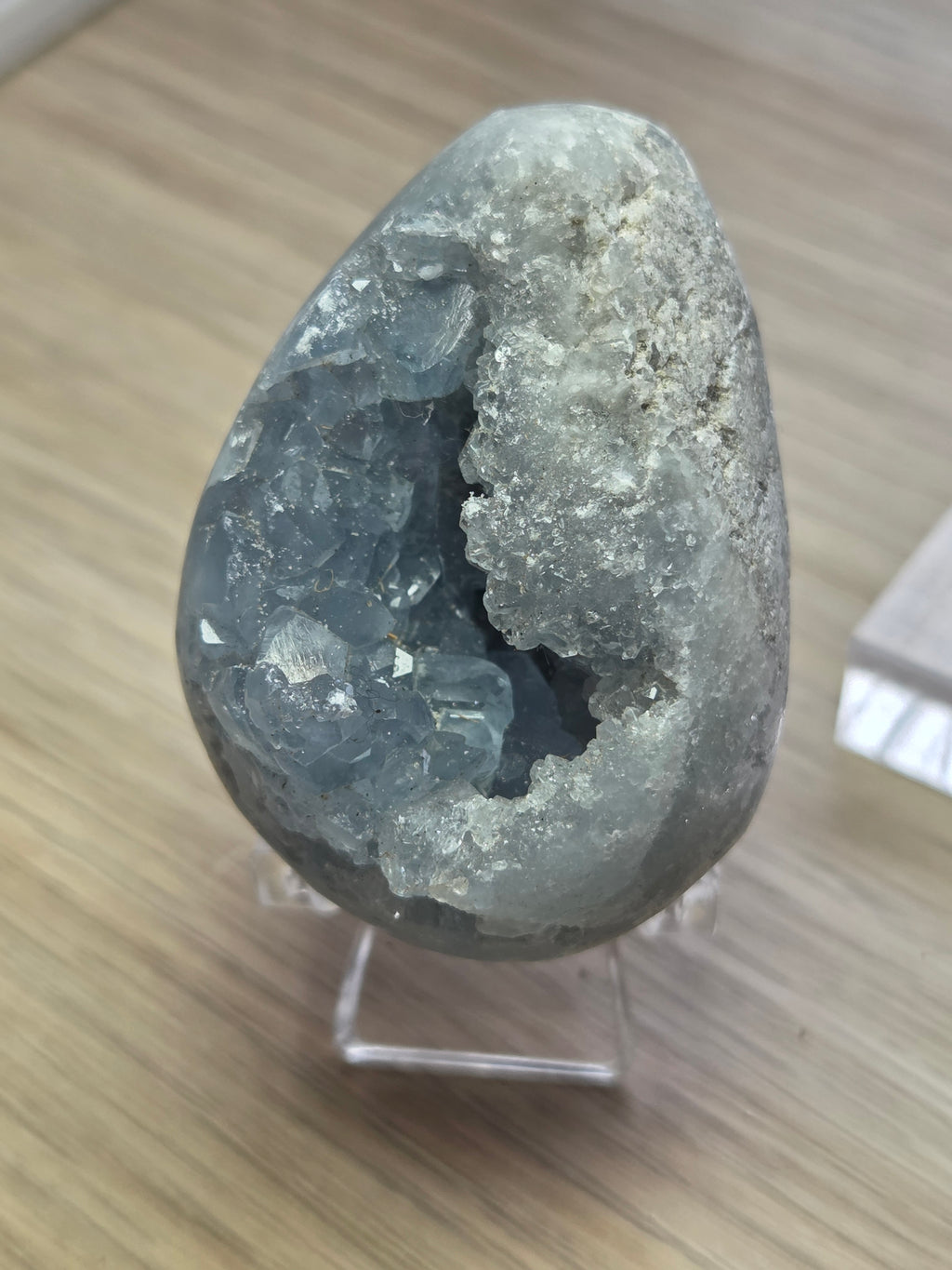 Blue celicite crystal egg carving specimen