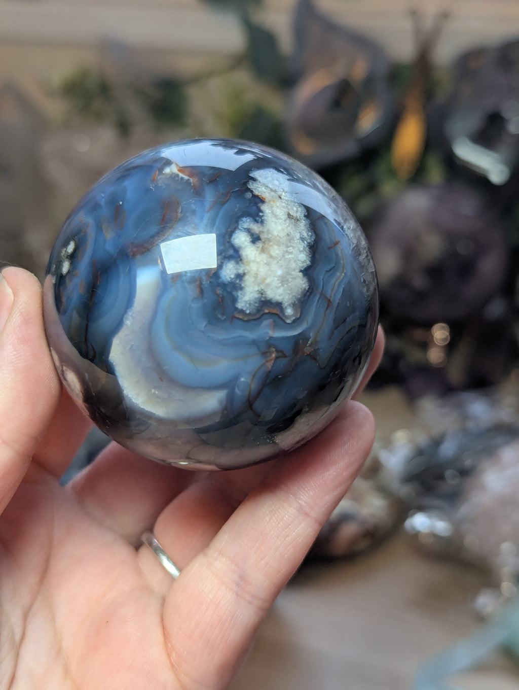 Blue  flower agate crystal sphere with stand