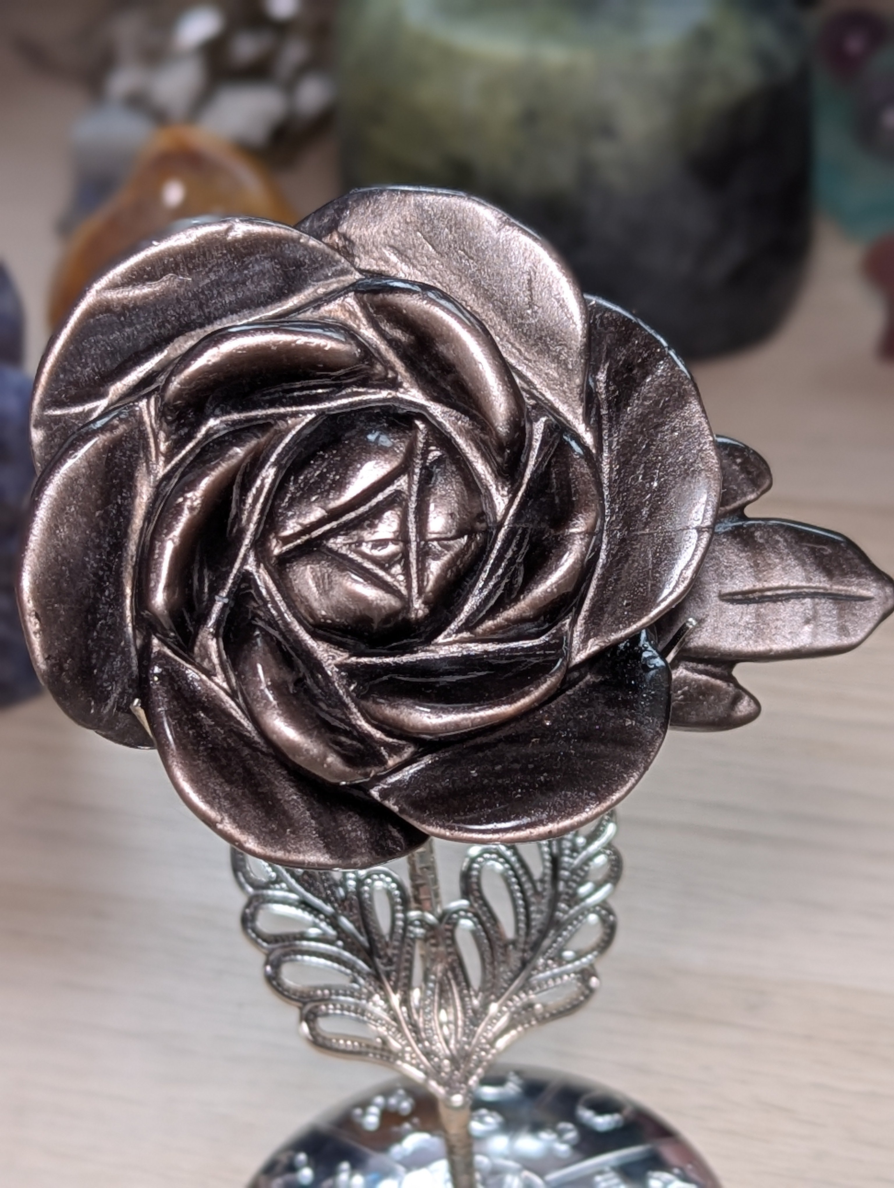 Silver sheen obsidian crystal rose carving with stand