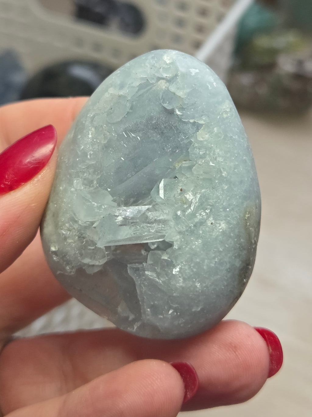 Blue celicite crystal egg carving specimen