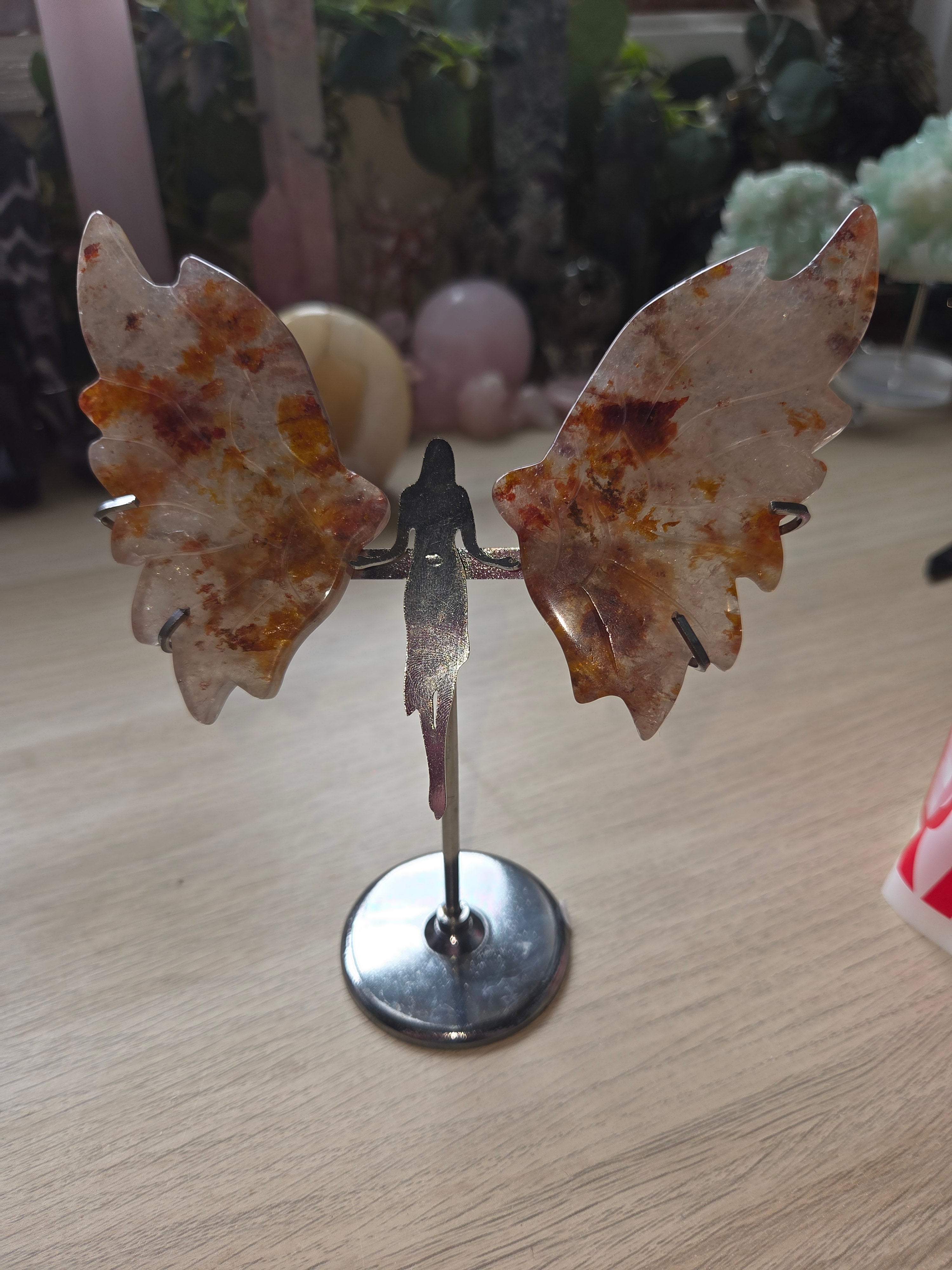 Fire quartz crystal Angel wings carving